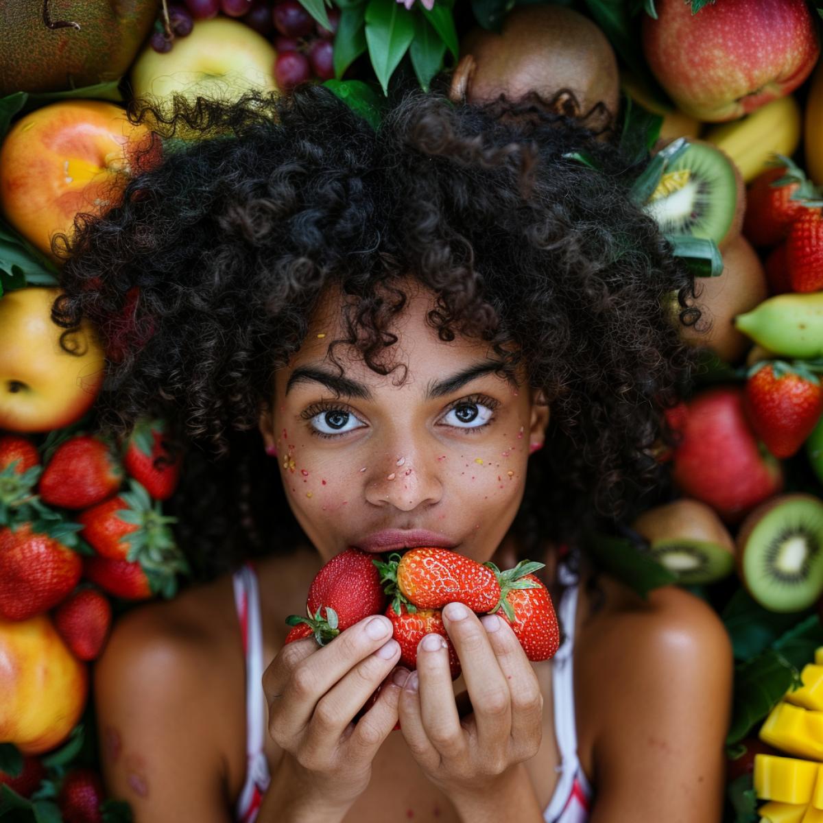 a woman eats strawberry, and fruits are around her
