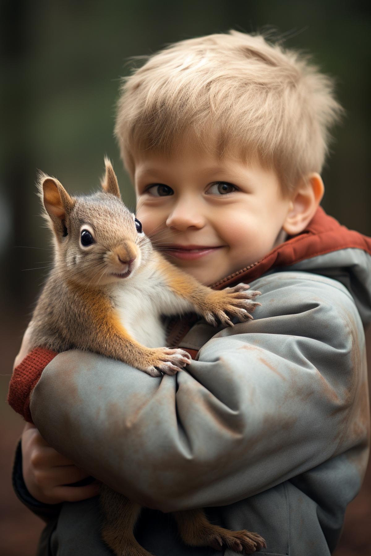 boy hugging a super cute squirrel, love, joy, happiness