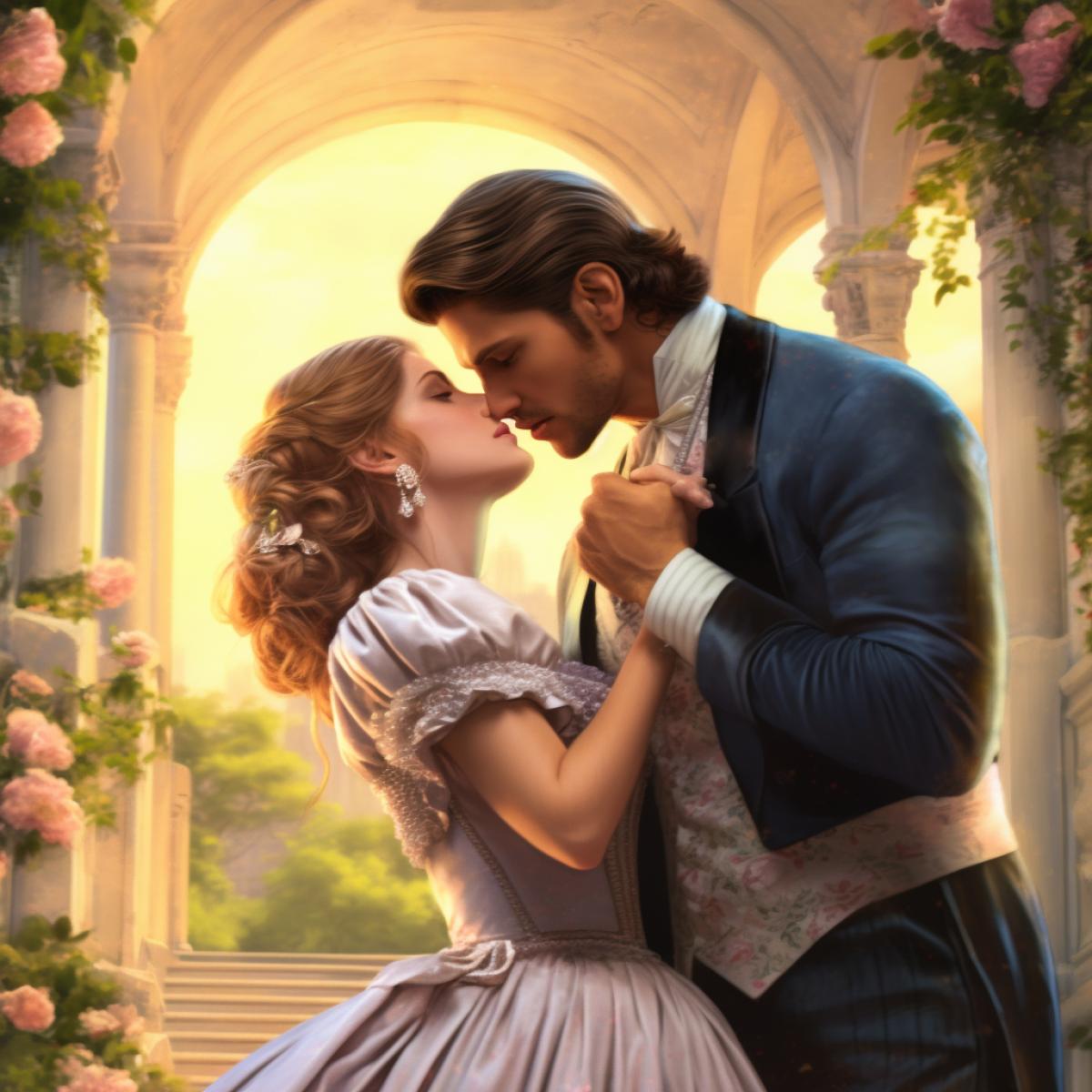 A beautiful woman in an elegant dress, with her hands on the neck of a handsome man dressed as he was from a bygone era to kiss him, against the background of an arch and flowers, a bright garden in full bloom, a book cover in the style of digital art, a romantic illustration, using pastel colors, depicting a historical romance, with soft lighting, detailed costumes, combining fantasy and realism, with high resolution, hyper quality, high detail, high contrast, high sharpness, high color depth, intricate details, highly detailed, high definition, high resolution.