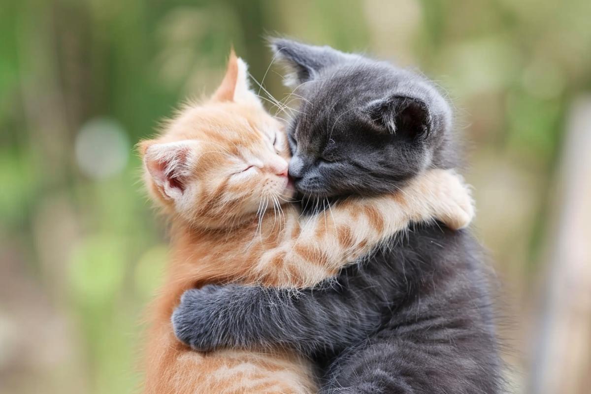 Cute kittens hugging in the field