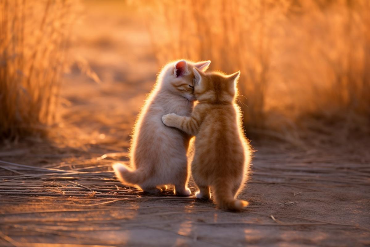 Cute kittens hugging in the field