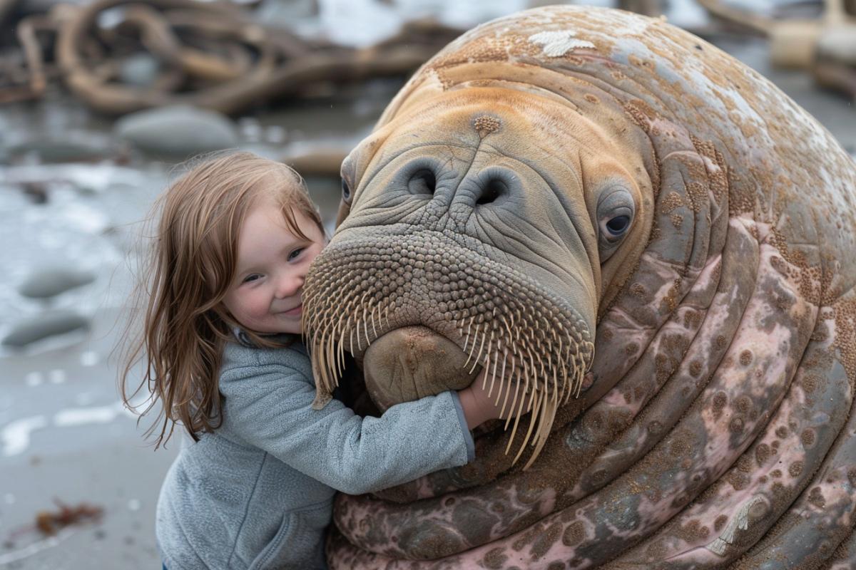 Little girl hugs a big walrus on the coast