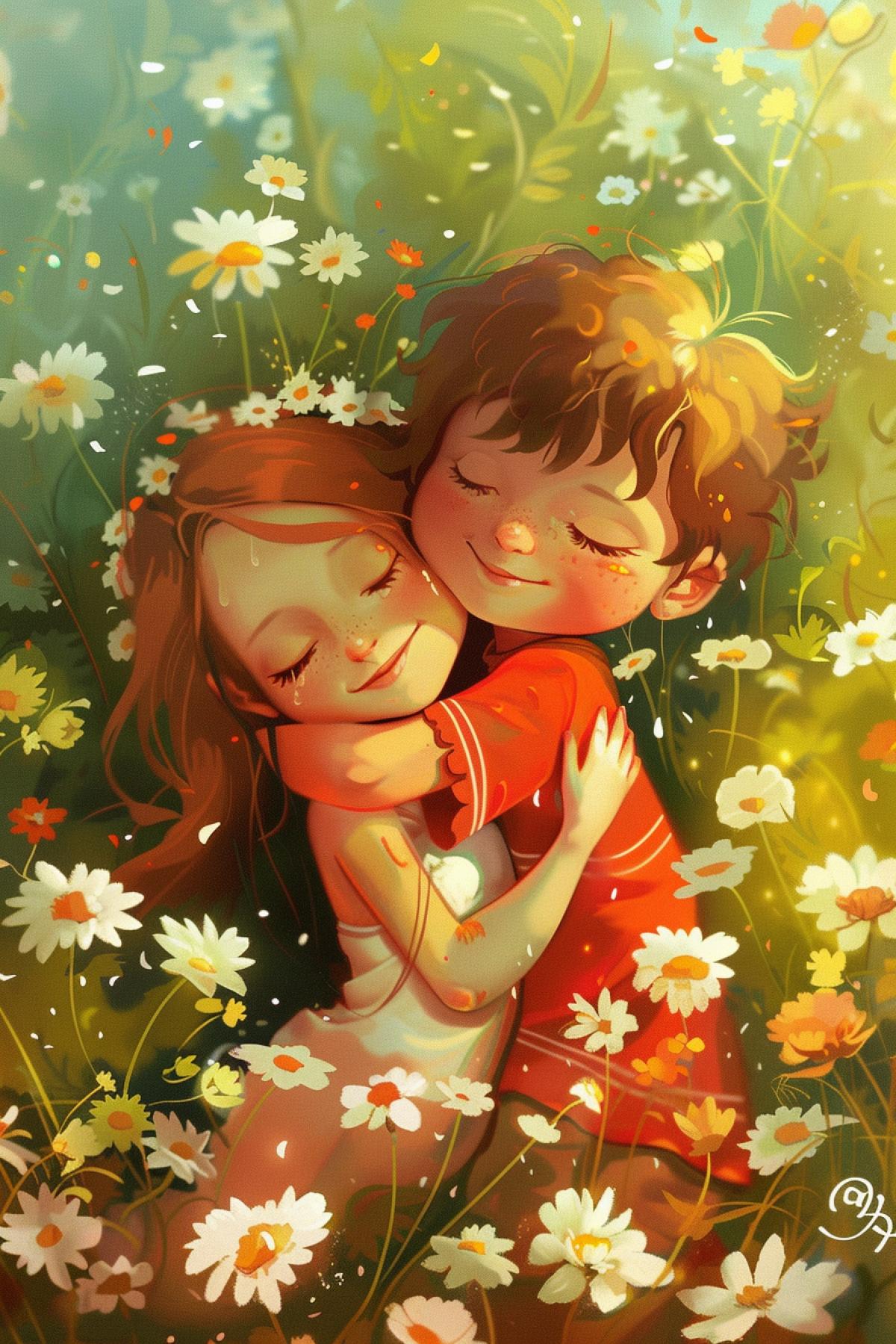 Cartoons hugging, daisies, colored candies, fairy-tale world