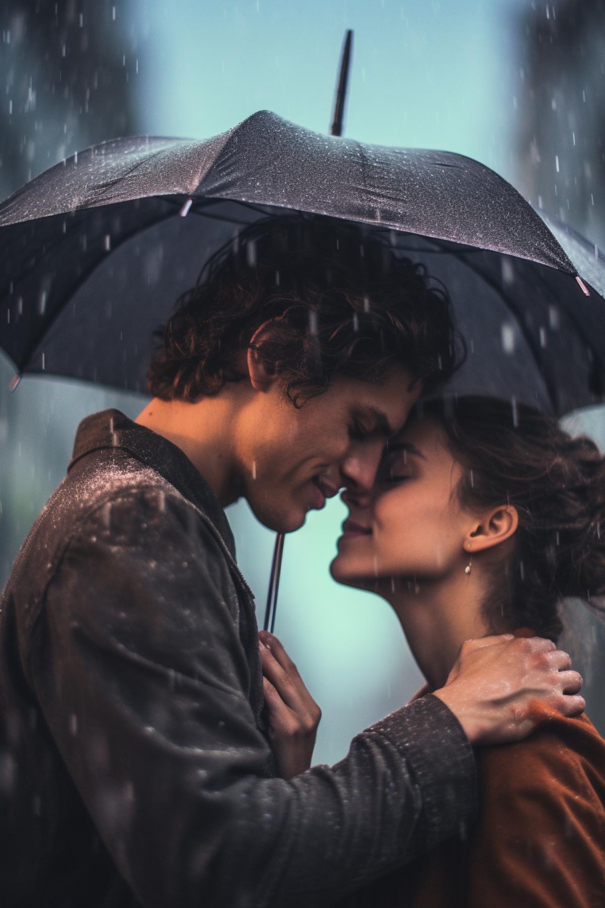 Young happy lovers hugging ly in the rain