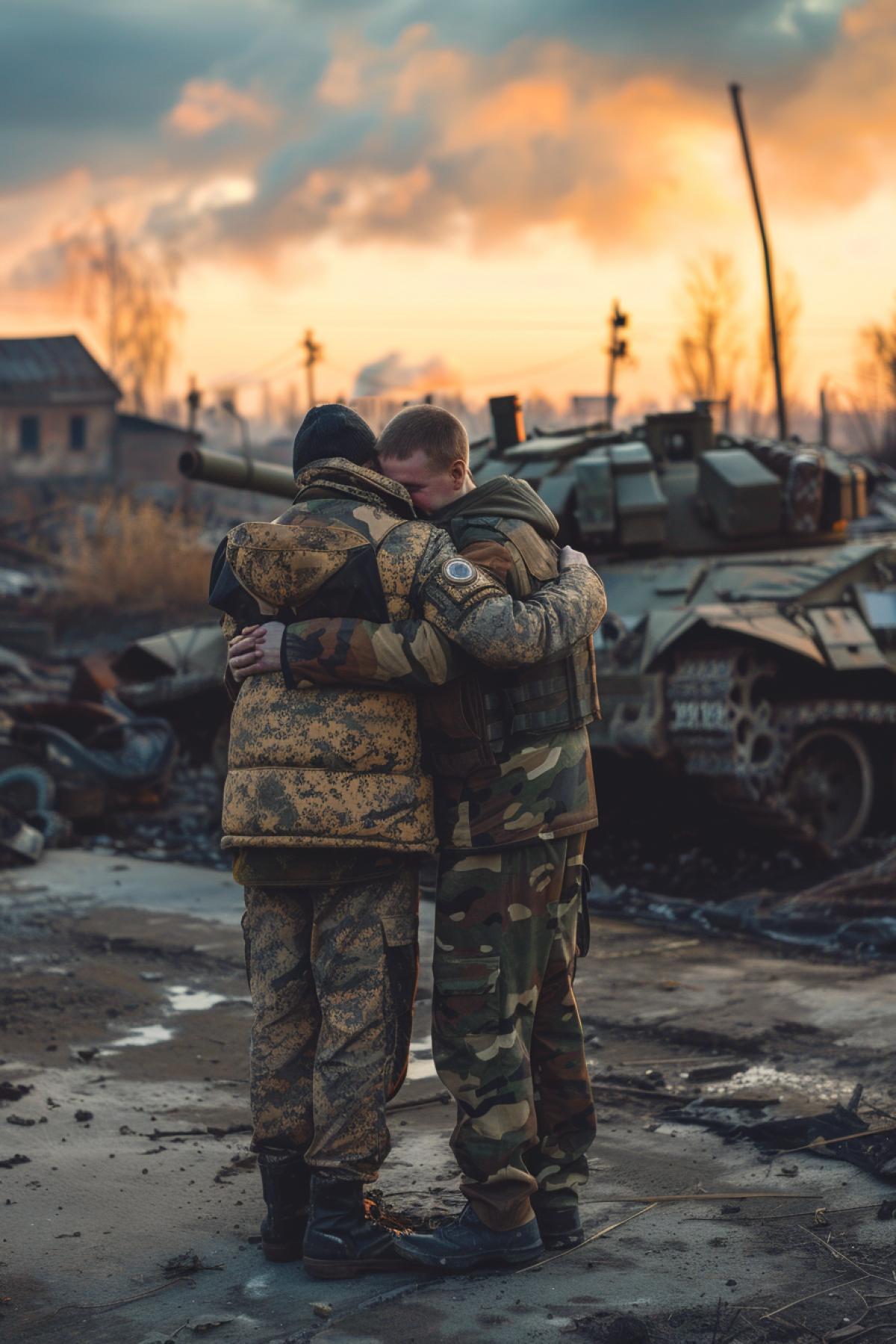 Former enemies wearing different uniforms hugging friendly and shaking hands on the background of mortal combat field broken tanks and destroyed houses and morning sunrise end of war