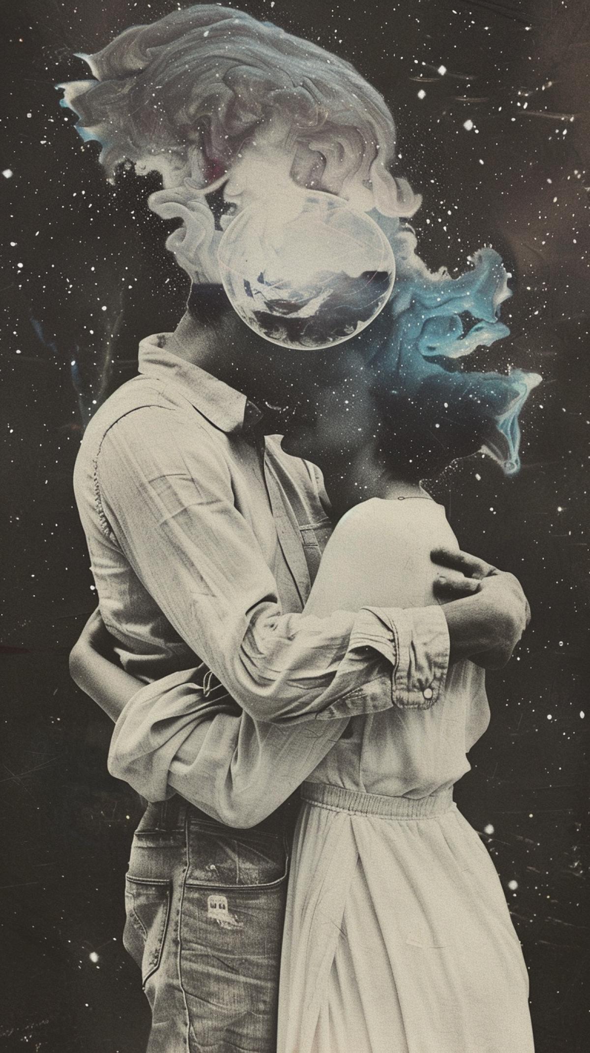 collage, texture, couple hugging in space, randomly, artwork, x-ray