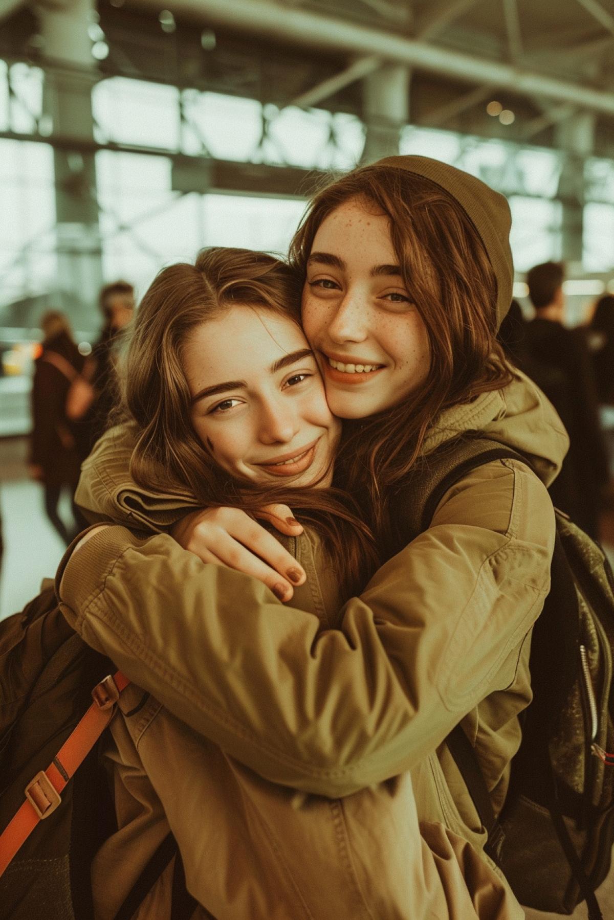 An 18-year-old brown haired girl hug her best friend at the airport