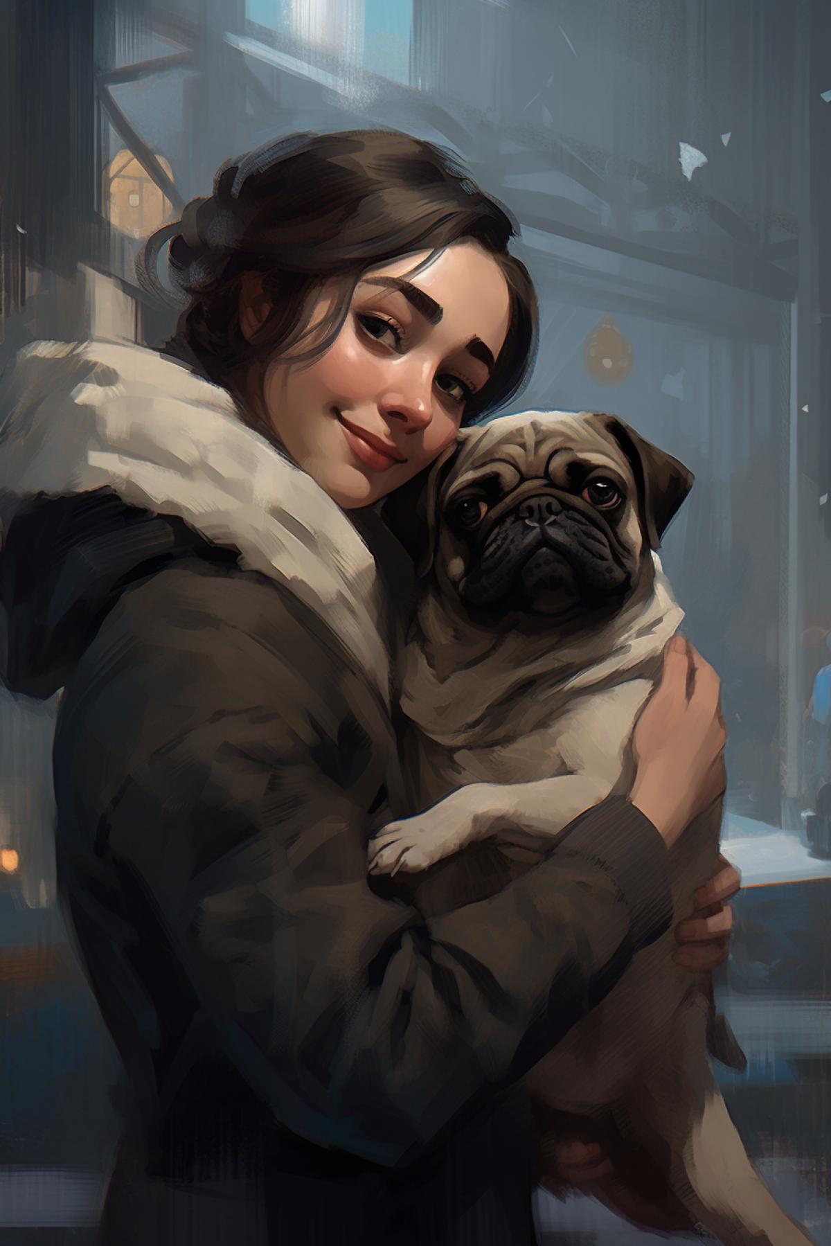 a woman and pug hugging each other, in the style of dark gray and dark, pendleton ward, grandparentcore, ferrania p30, isaac levitan, niko henrichon, smilecore