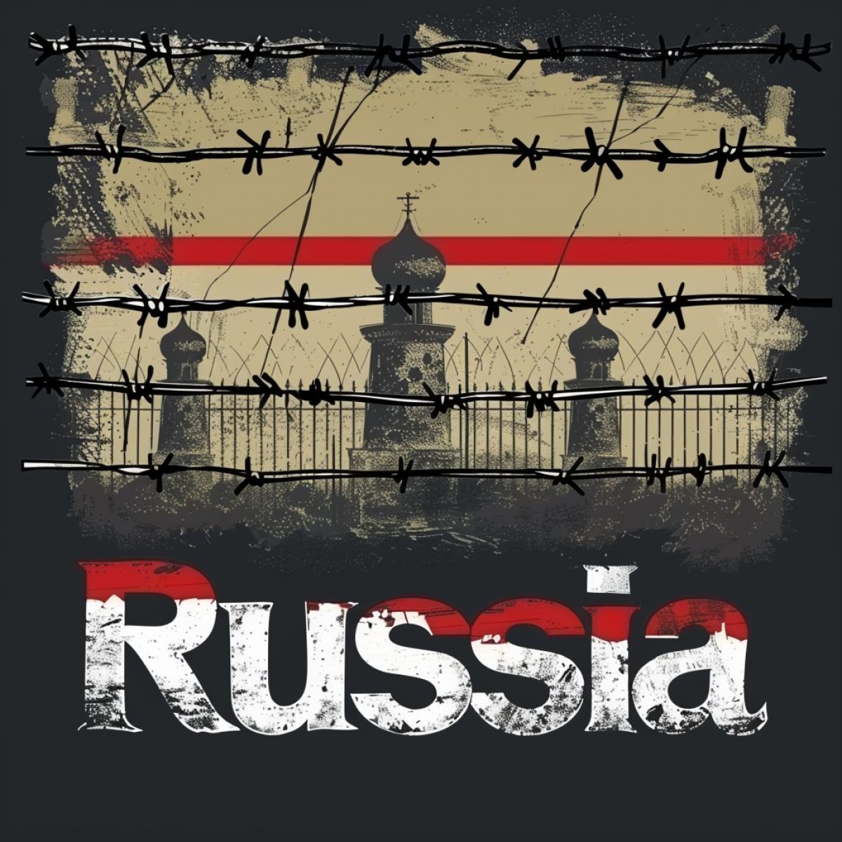Stylish Logo of the Russian Federation with prison and barbed wire on the background, bars and fear, \"Russia\"