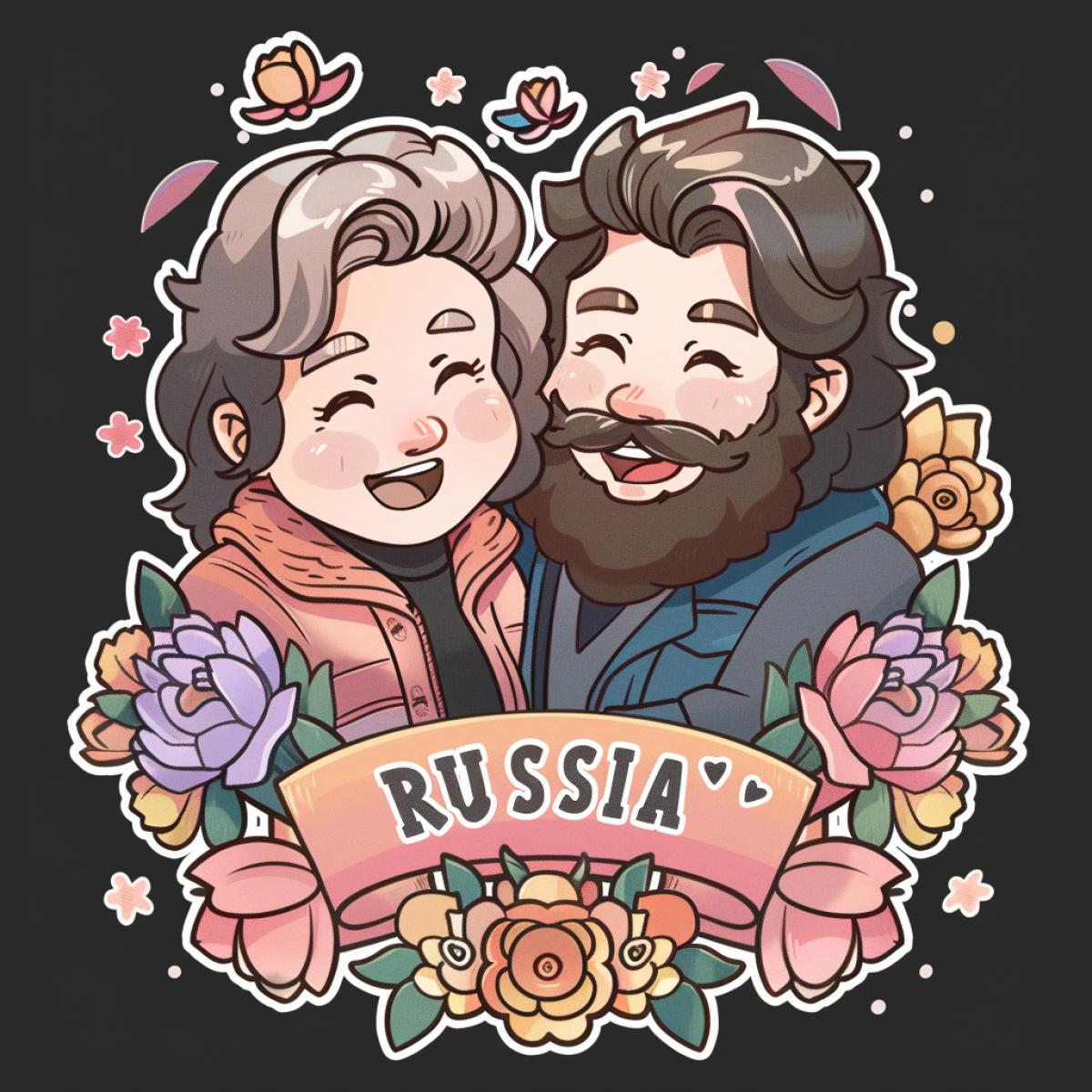 Happy life in Russia, logo with Russian men, flowers and the inscription \"RUSSIA\"