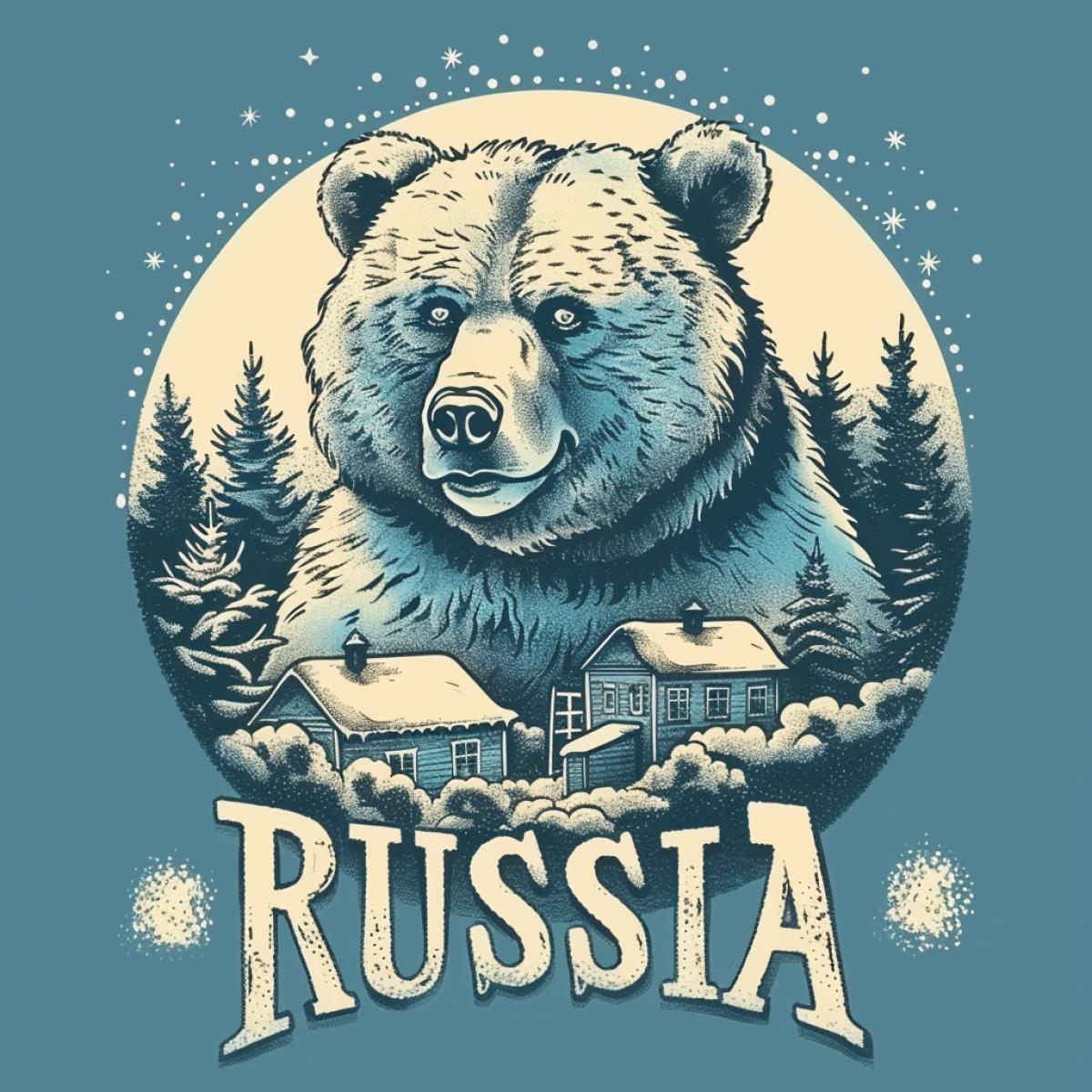 Logo with a Russian cheerful bear in the village, the inscription \"RUSSIA\"