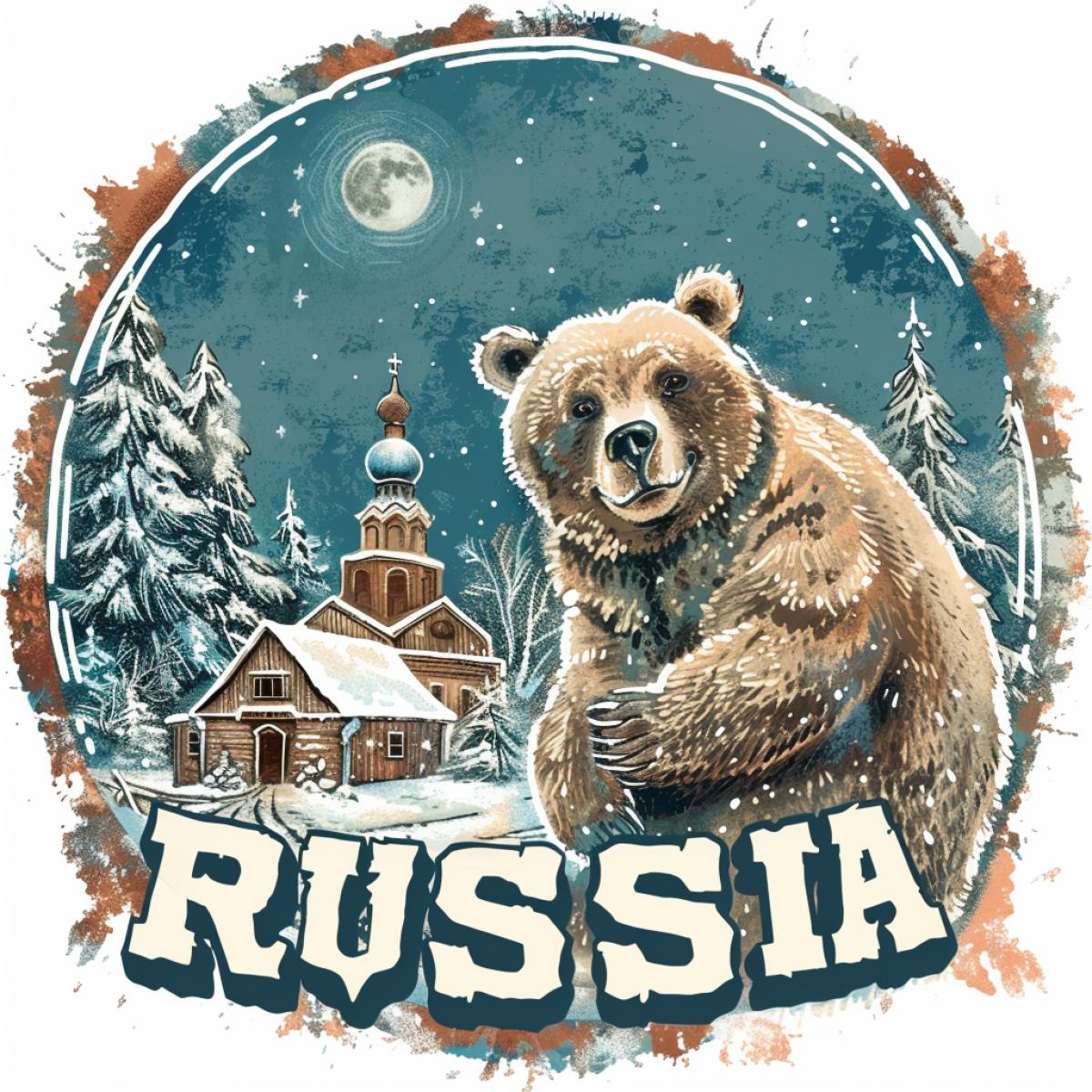 Logo with a Russian cheerful bear in the village, the inscription \"RUSSIA\"