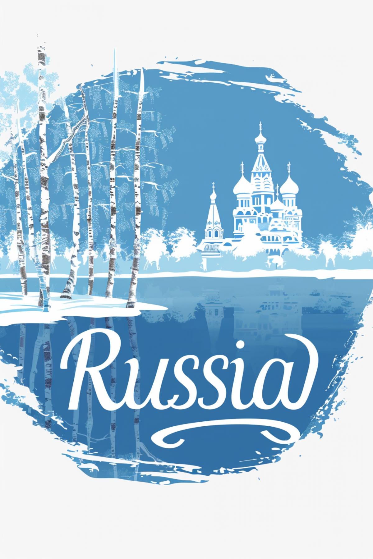 Logo of Russia: drawing two colours in circular frame Birch-tree white trunk with dark marks over summer morning mist lake reflection of the Red Square Kremlin in lake \"Russia\"