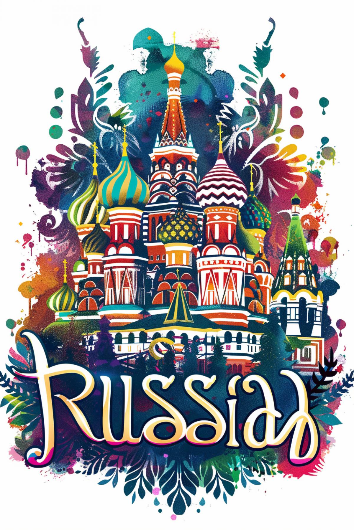 Logo, Russian church, graphics, inscription \"Russia\", psychedelic