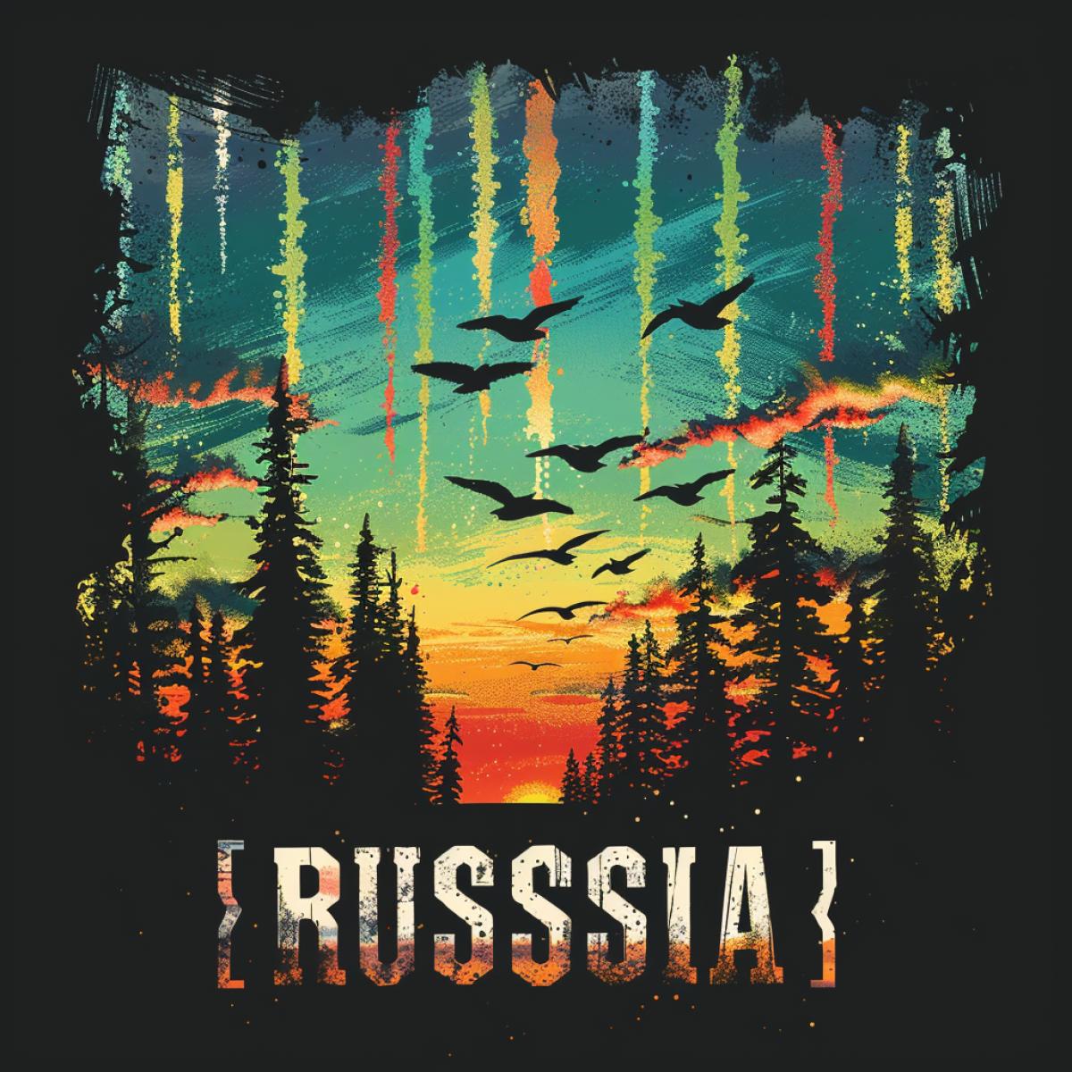 Logo, northern lights on a hot beach, this is Russia, the inscription \"RUSSIA\"
