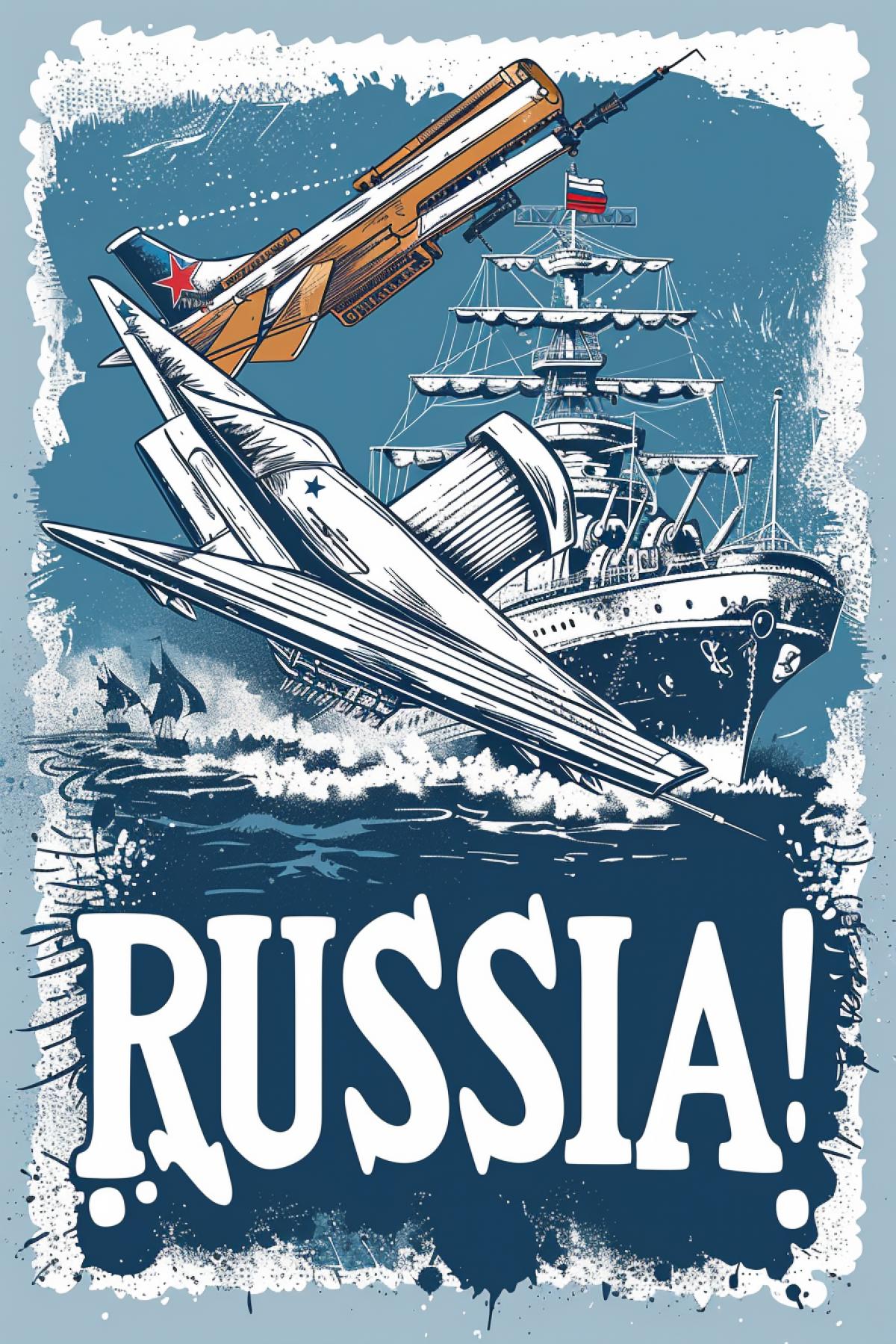 Accordion, balalaika, SU-34 aircraft, military ship, inscription \"RUSSIA\". Emblem style