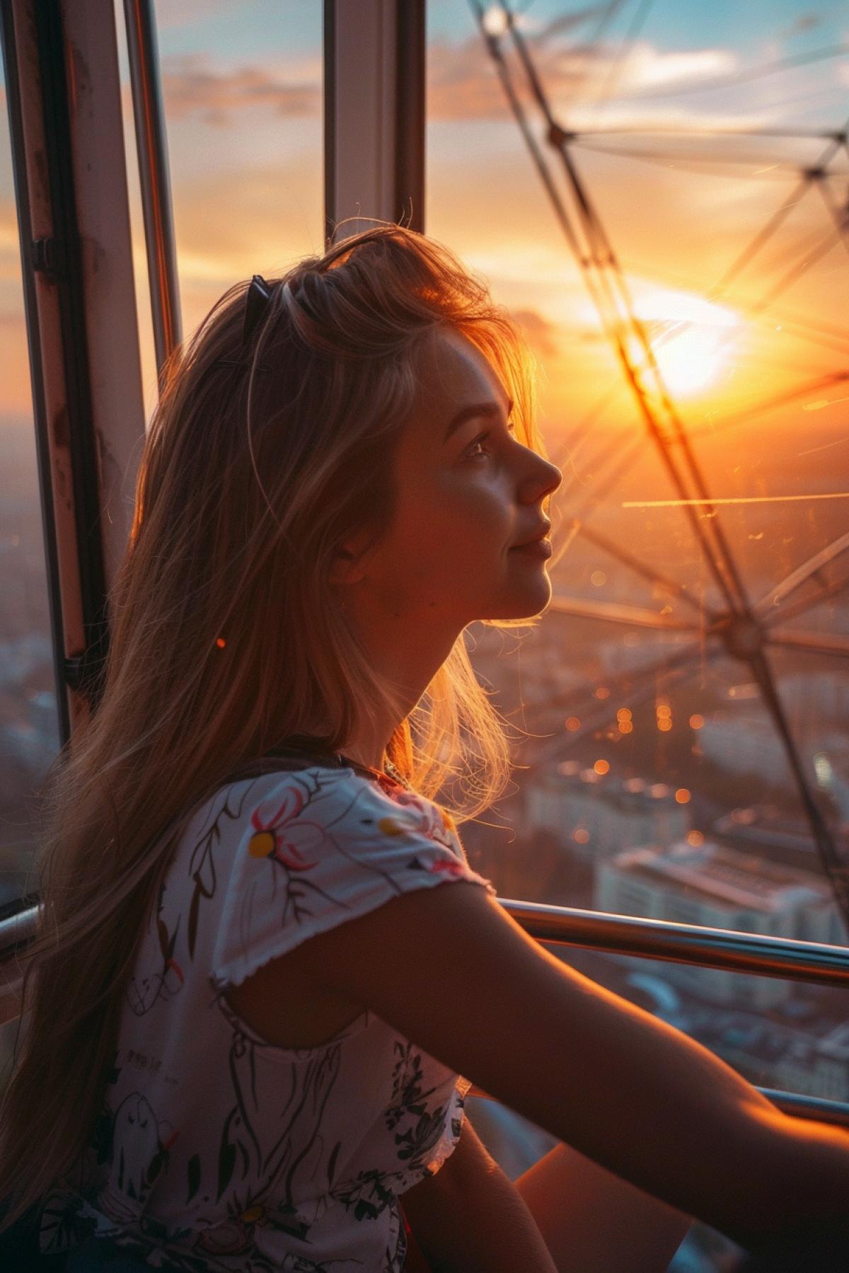 Beautiful 22-year-old girl watching sunset meeting sunrise from ferris wheel futuristic cabin with panoramic window five thousand feet above the ground dark cosmic space above dawn far below breathtaking sight neighbouring cabins and the wheel mechanism also seen
