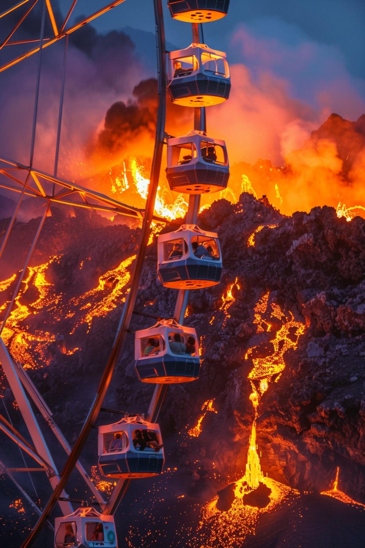 Ferris wheel on top of volcano with cabins doing onto burning lava frightened people in cabins