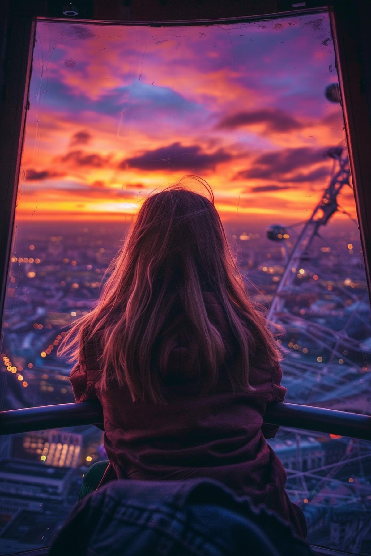 Beautiful 22-year-old girl watching sunset meeting sunrise from ferris wheel futuristic cabin with panoramic window million feet above the ground dark cosmic space above dawn far below breathtaking sight vibrant colours of dawn neighbouring cabins and the wheel mechanism also seen