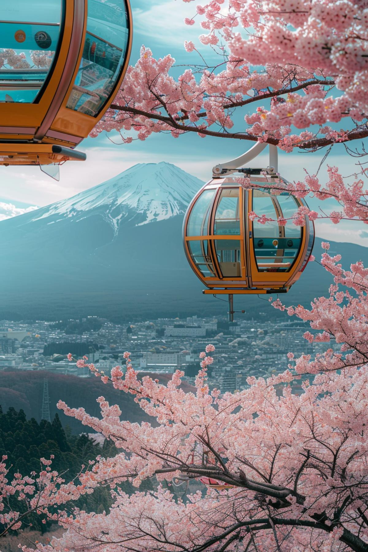 Ferris wheels in several dimensions gyroscopic shape futuristic cabins and futuristic mechanism on top of the Fuji mount sakura in blossom around