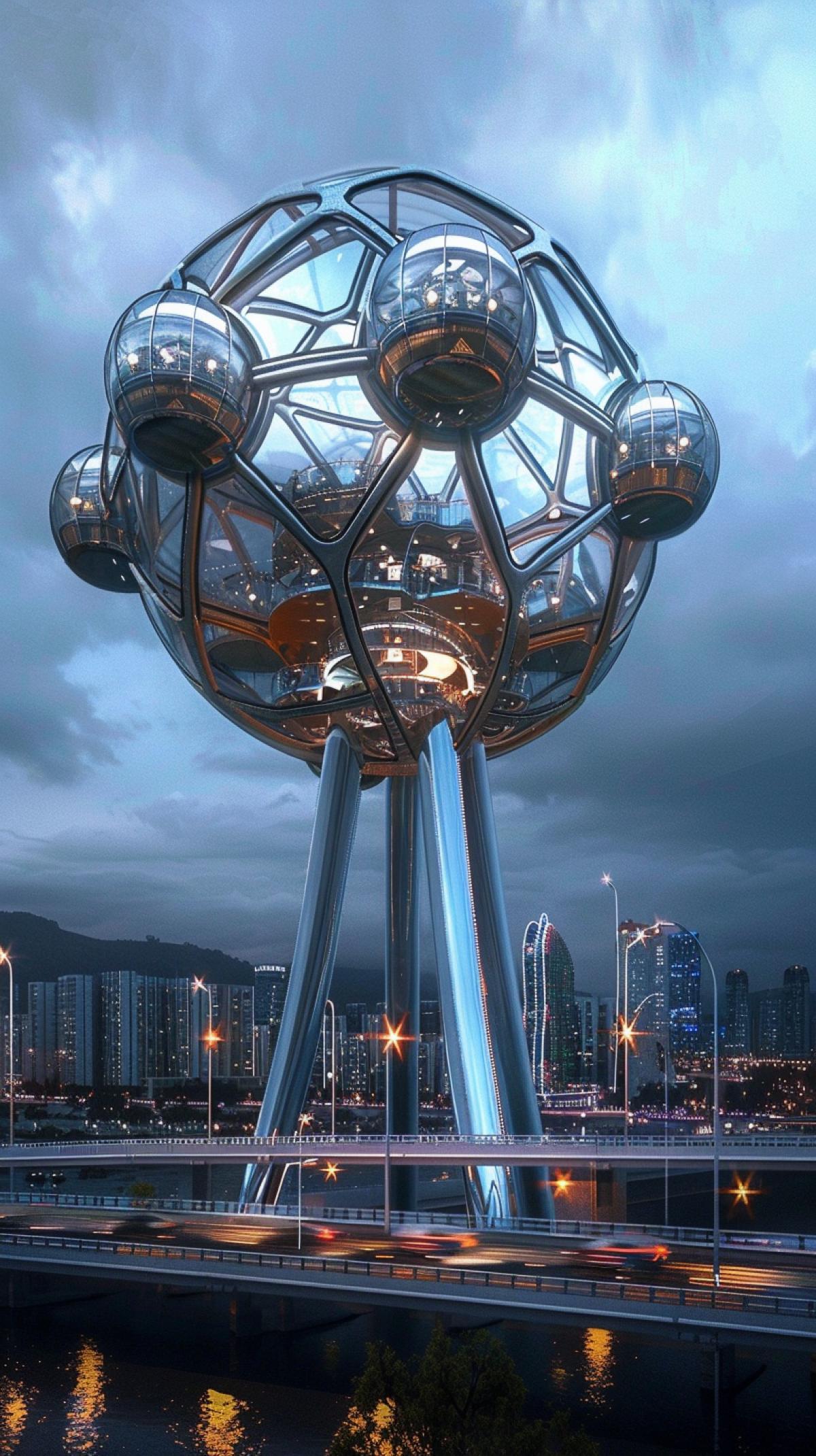 spherical Ferris wheel with spherical cabins in urban style