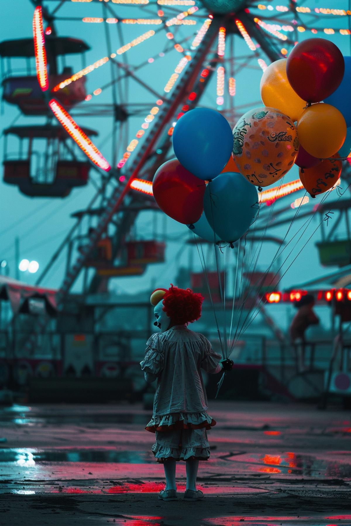 Ferris wheel, lonely clown with balloons, lights, emptiness,
