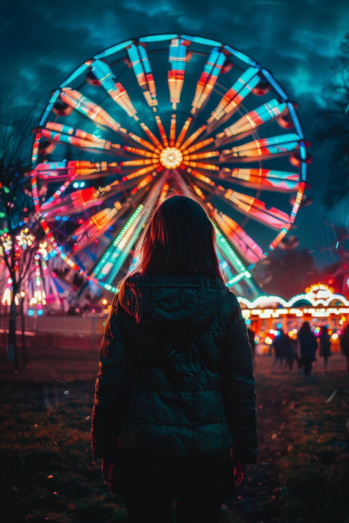 Ferris wheel, field, void, psychedelic, lights, flickering