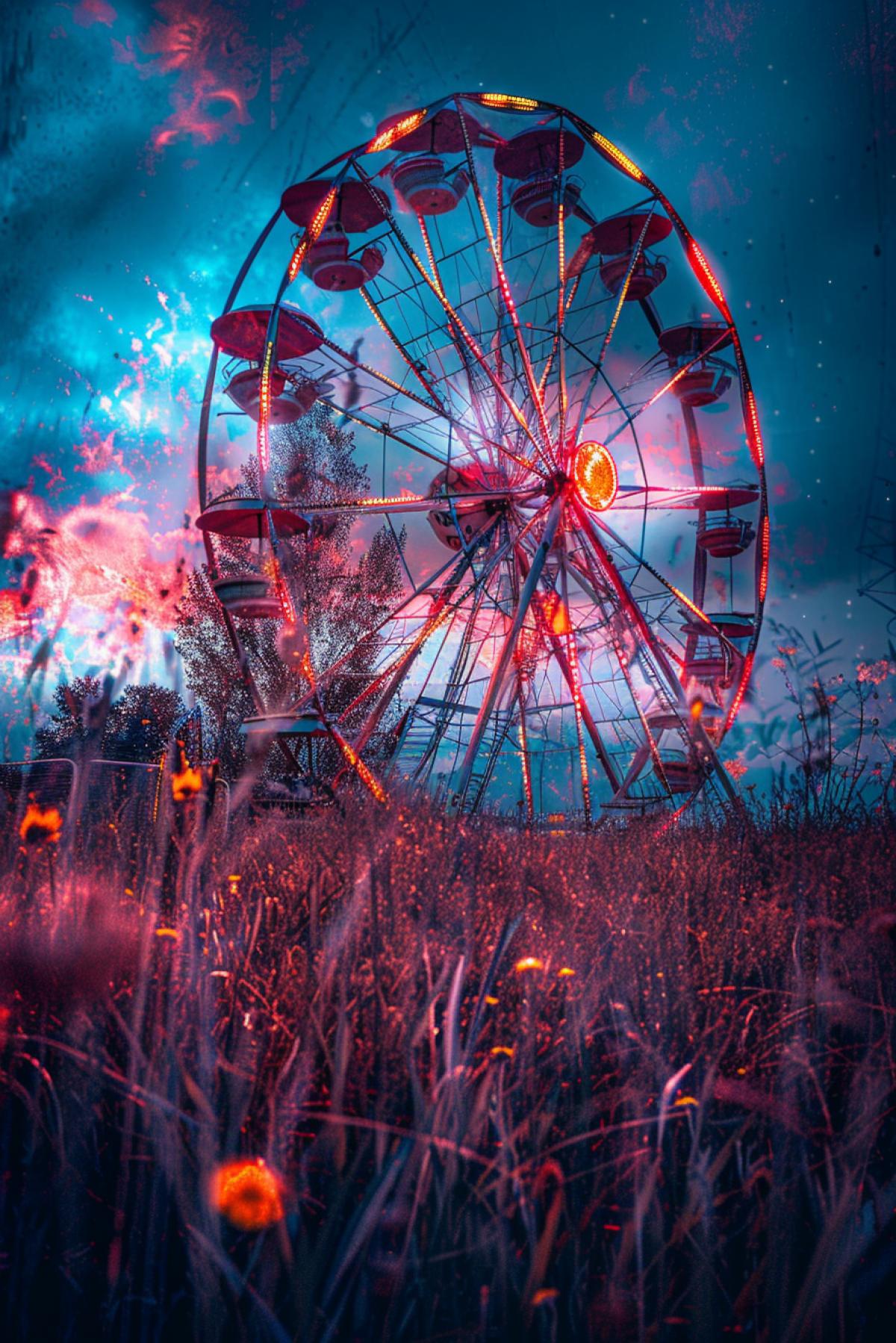 Ferris wheel, field, void, psychedelic, lights, flickering