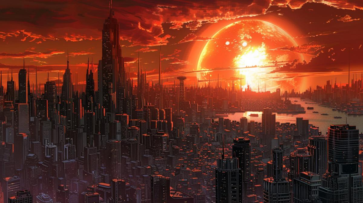Sun over the city, color drawing in the style of J. Scott Campbell, Russell luxuryjun Lu, Kieron Gillen