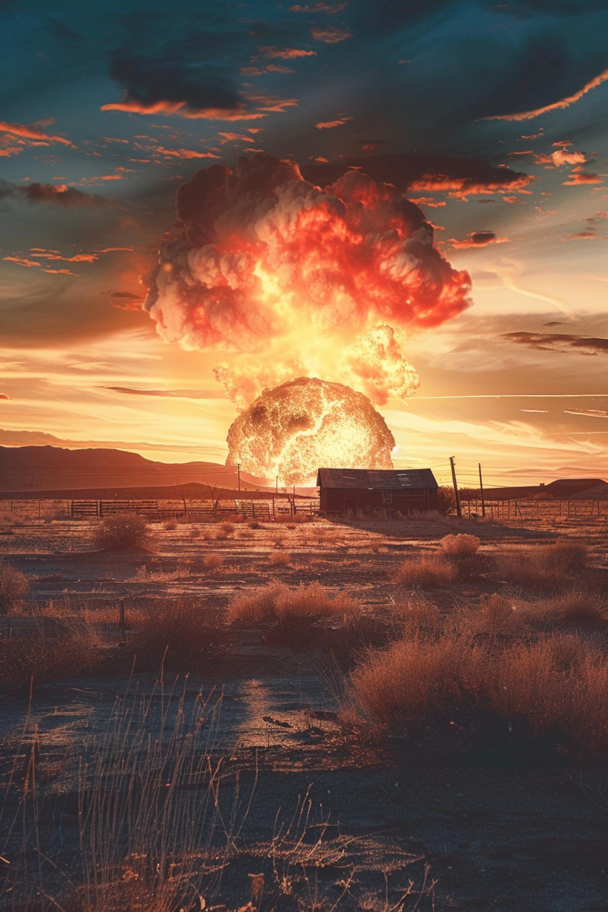 Nuclear explosion, atomic explosion, desert, clear day, hut, end of the world
