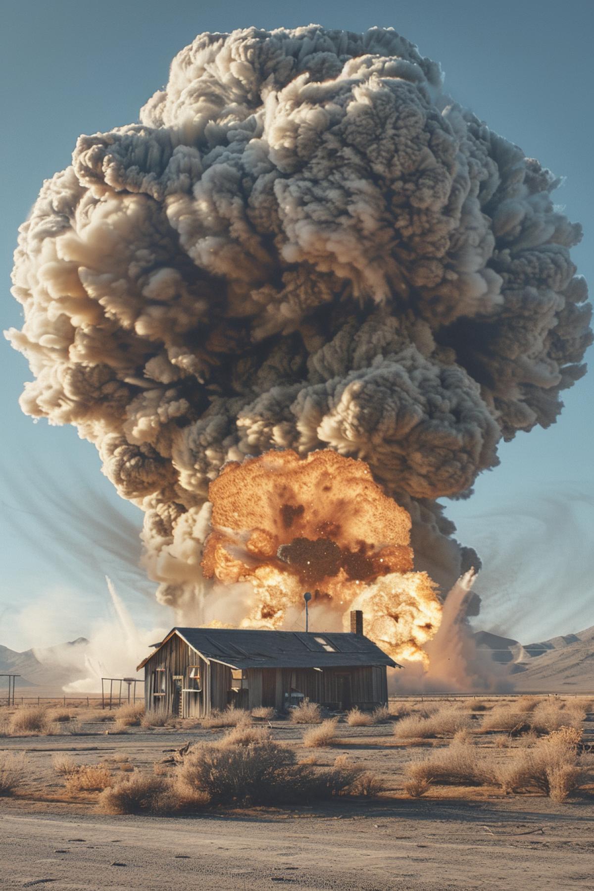 Nuclear explosion, atomic explosion, desert, clear day, hut, end of the world