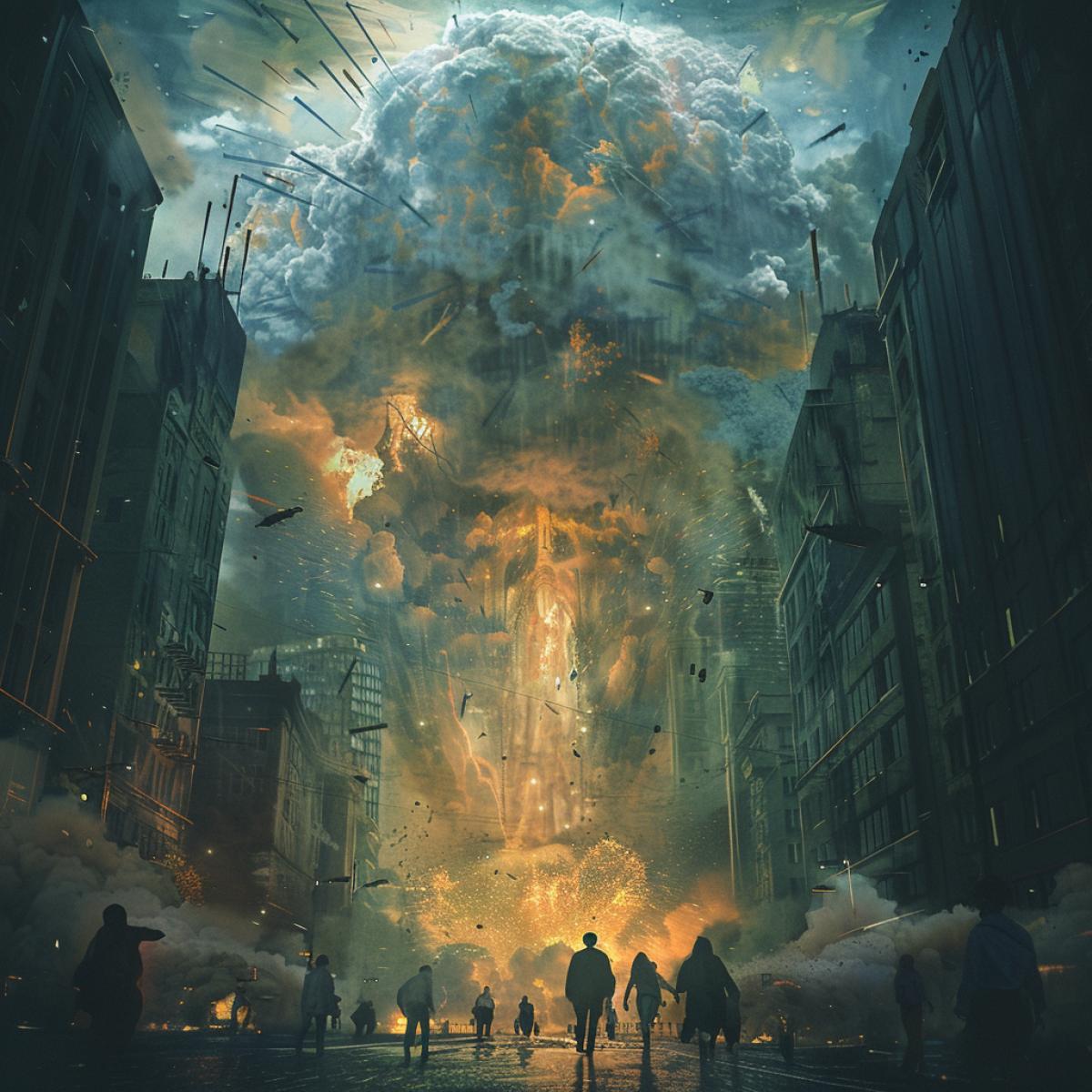 People are running away а massive nuclear explosion in the futuristic city. The overall atmosphere exudes mystery and surrealism, as if one has entered another world. In the style surreal and mysterious atmosphere.