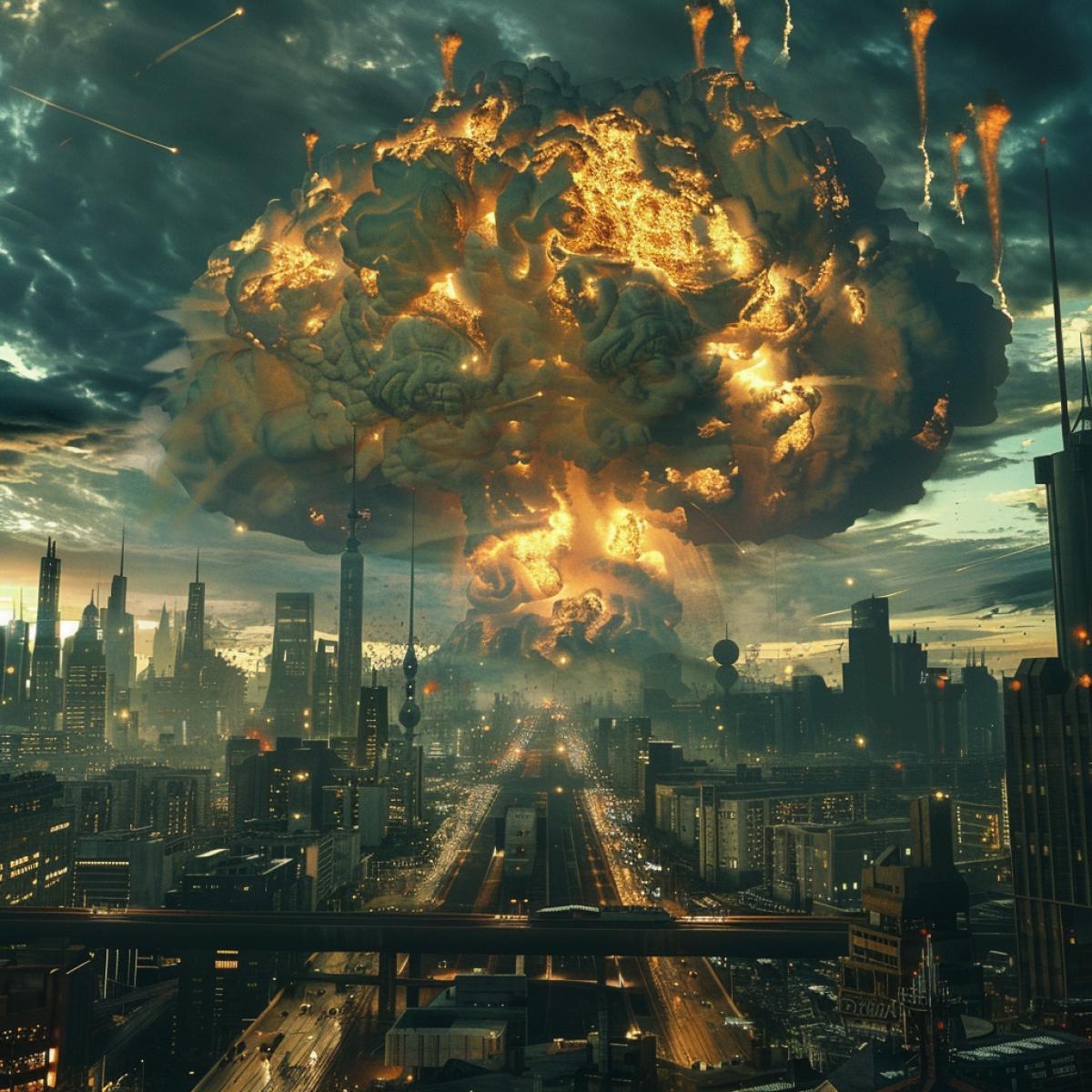A massive nuclear explosion in the futuristic city. The overall atmosphere exudes mystery and surrealism, as if one has entered another world. In the style surreal and mysterious atmosphere.