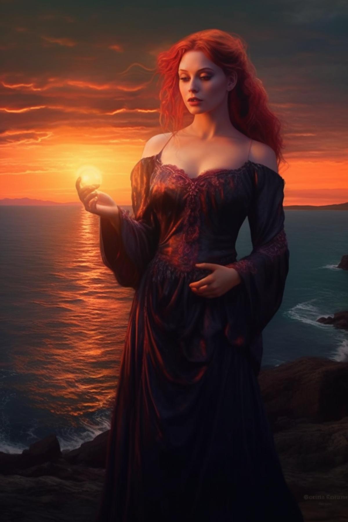 A girl, red hair, green eyes, she is wearing a dark sleeveless dress, she has dark gloves on her hands, the girl’s hands are covered with purple flames, she is standing against the backdrop of a cliff, the sunset reflected in the sea is visible in the distance,