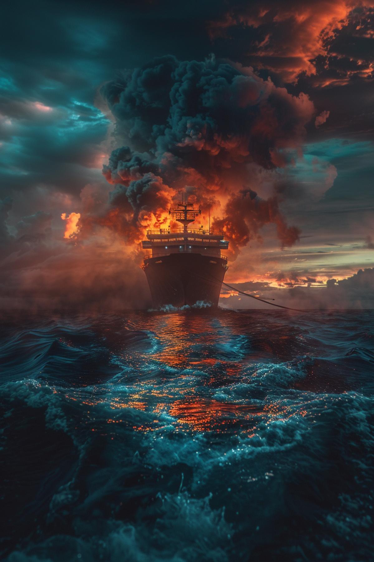 Exploding with a ship 🚢 sunset over ocean Ultra realistic photo taken with Nikon D850 AF S FX NIKKOR 85mm f/ 1. 4G lens. Glowing colors. ambient, mood, pe, detailed, symmetry, opalescent, magical, detailed intricate, atmosphere, high details, dark fantasy, vibe, detailed, 8k resolution, octane render, cinematic lighting, epic vibe, epic mood, photorealistic, environment, detailed features, epic, 16k,