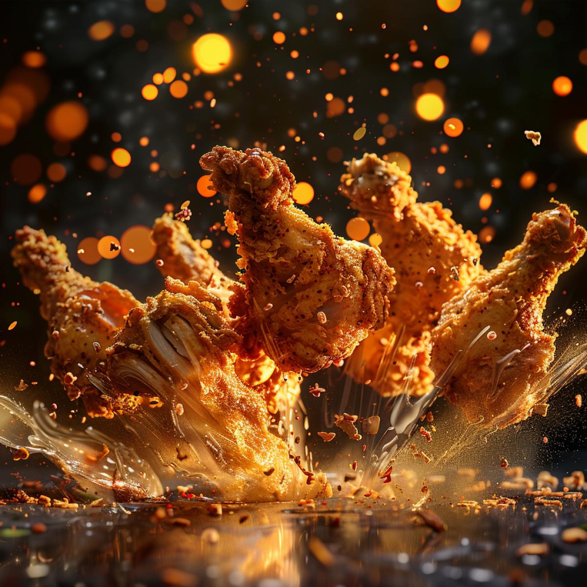 Food photo,food explosion,Many fried chicken,Various parts of the chicken,dark gray desktop,dark background with orange light,dome light,Outline light,Ambient light,Delicious colors,photorealistic,photorealistic detail,Front view,surreal style,realistic,high resolution photo-realistic, ultra sharp, simplicity, higher coherence, minimalism, ultra detailed, hyper realistic details, beautiful, modern, OC rendered, 32k uhd , insane details, intricate details, Photoshoot, Depth of Field, captured with Phase One XF IQ4 camera , 200 Mega Pixel lens,