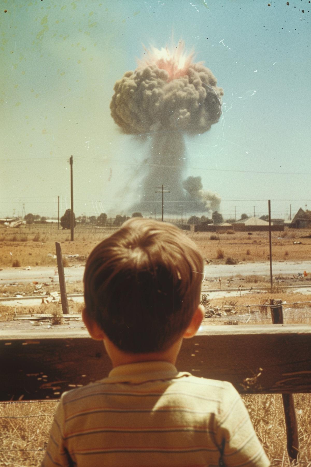 A boy watches a nuclear explosion in the distance