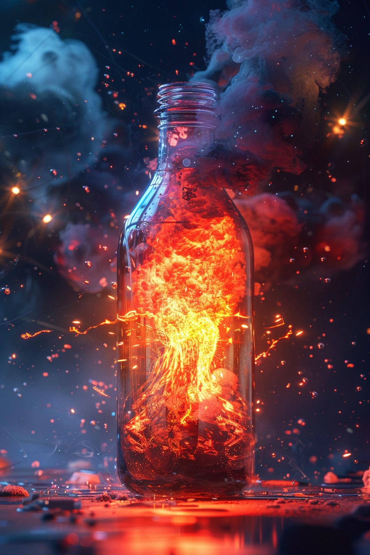 hyper nova explosion inside of a bottle, hyper realistic, 8k, unreal engine, photo realistic