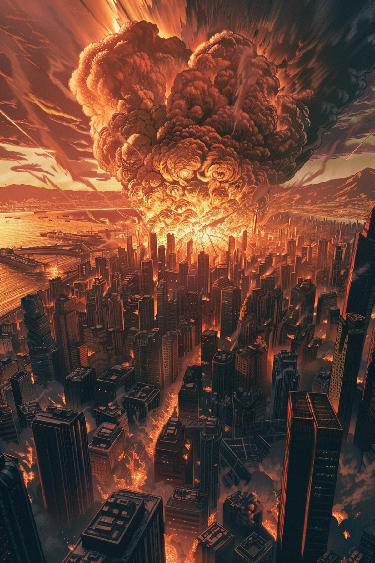 people is are burning а massive nuclear explosion in the futuristic city, a color drawing in the style of J. Scott Campbell, Russell luxuryjun Lu, Kieron Gillen