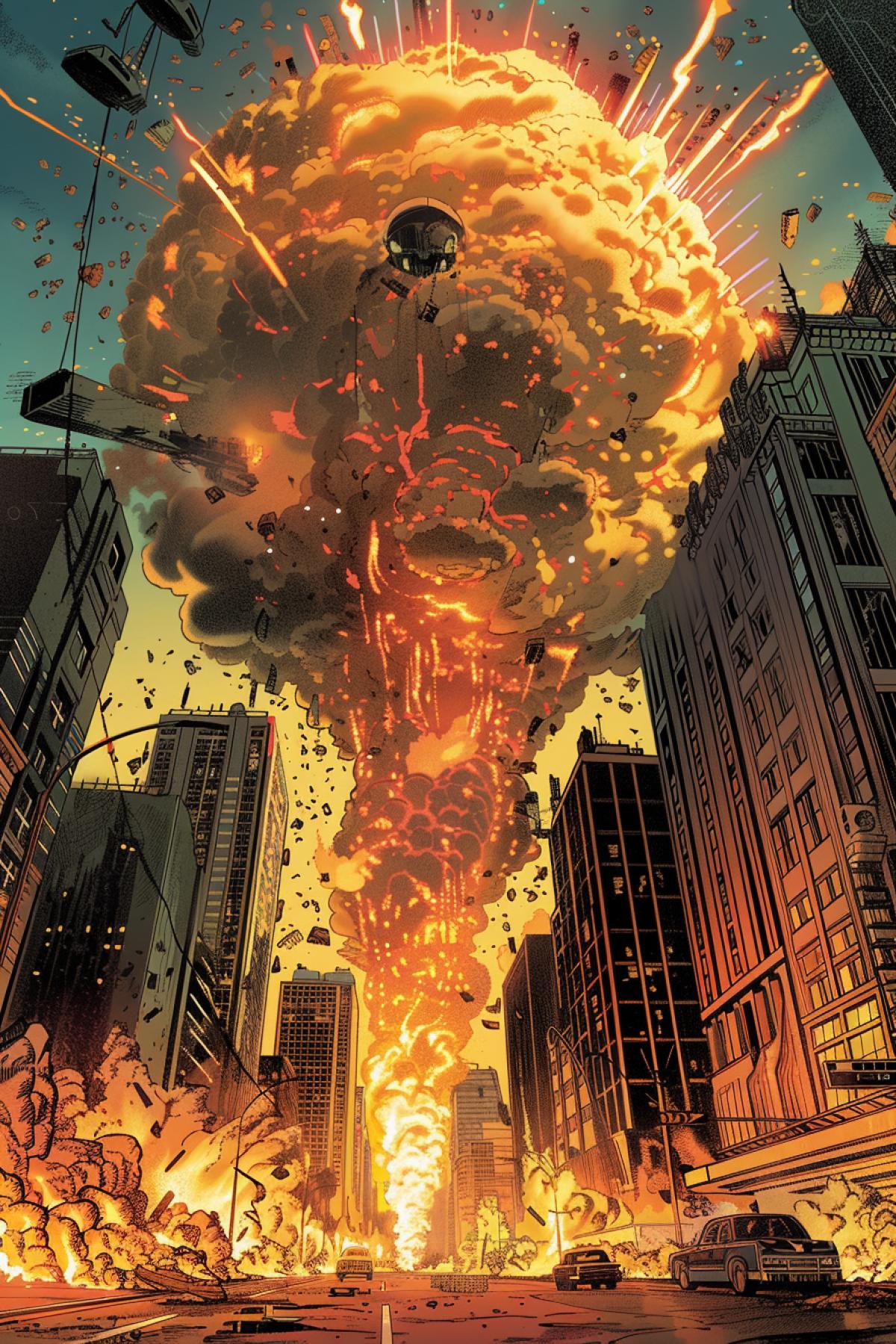 people is are burning а massive nuclear explosion in the futuristic city, a color drawing in the style of J. Scott Campbell, Russell luxuryjun Lu, Kieron Gillen