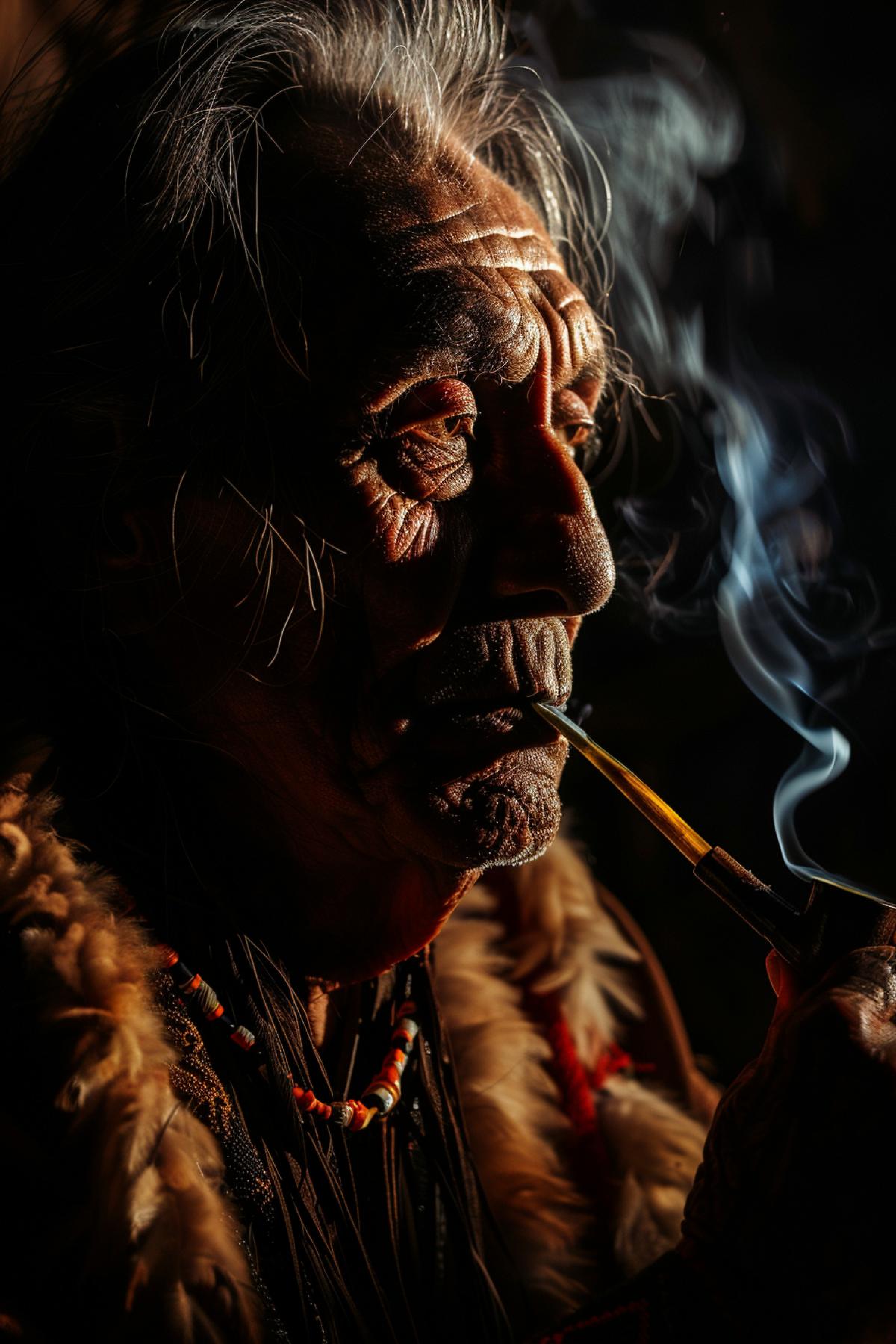 Old Apache chief feathers decoration Indian blanket on shoulders sitting near fire smoking pipe smart old face wrinkles shadows in light of fire dark night