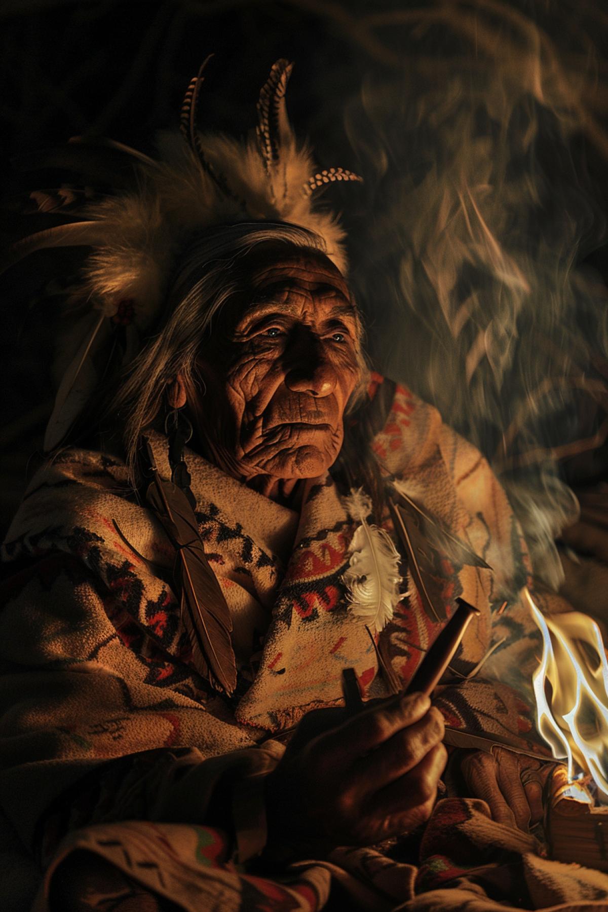 Old Apache chief feathers decoration Indian blanket on shoulders sitting near fire smoking pipe smart old face wrinkles shadows in light of fire dark night