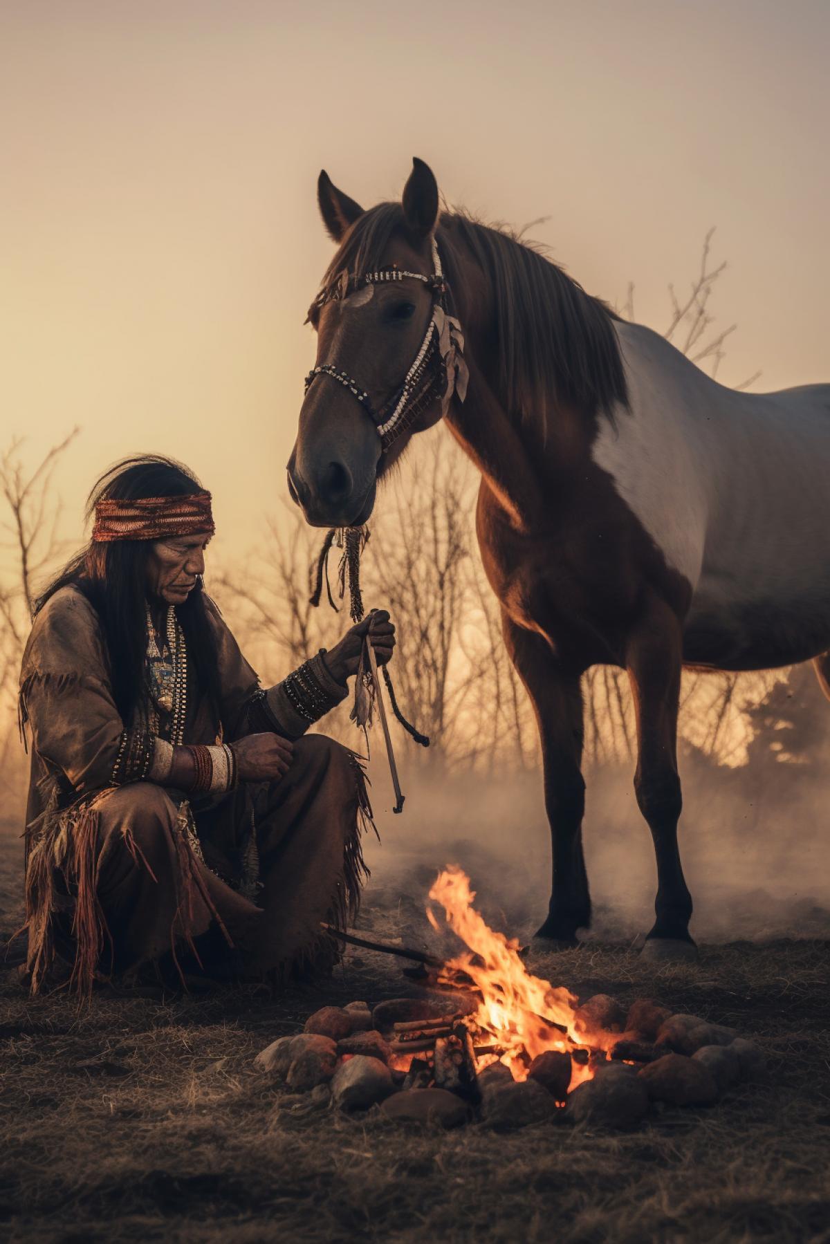 Spirit of the prairie soul, shaman next to the fire and horse