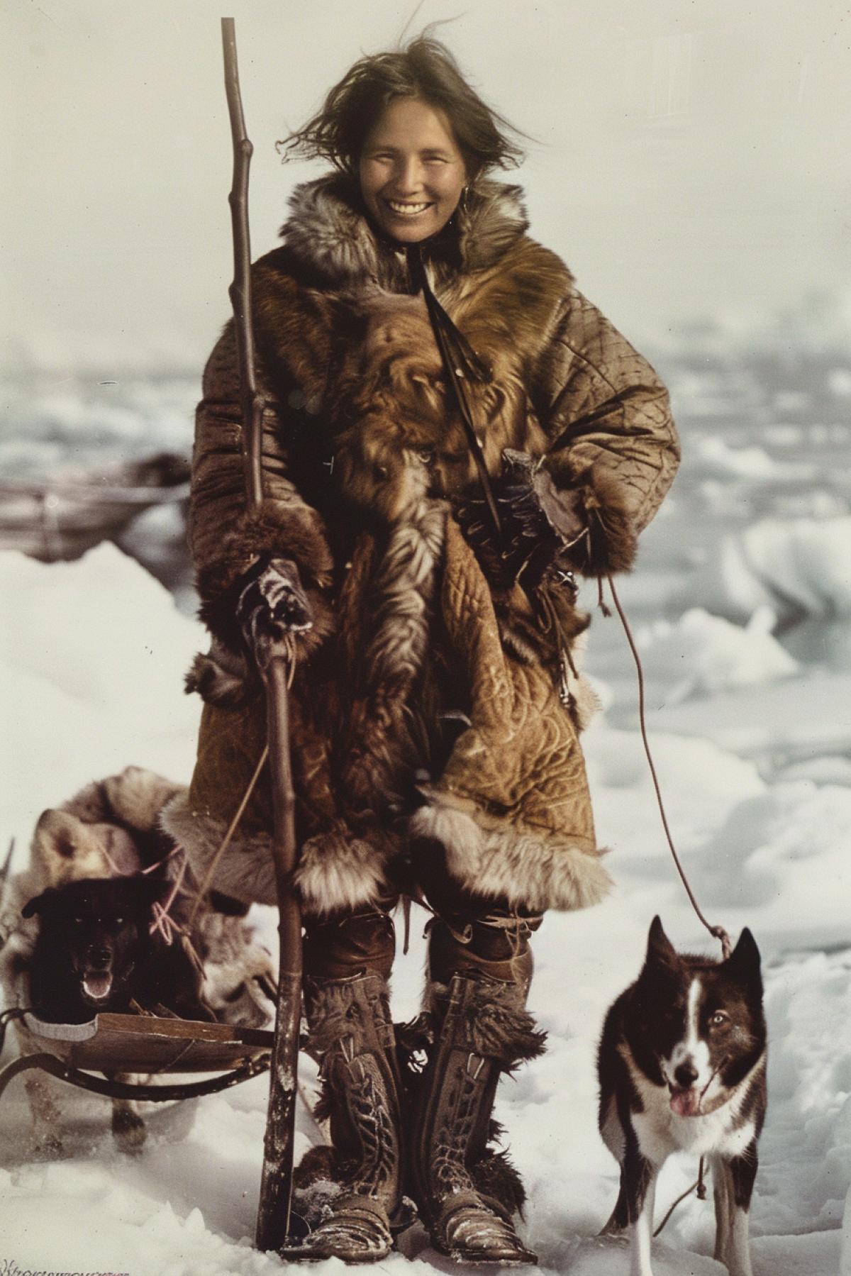 beautiful smiling 17-year-old squaw full hight wearing fur squaw coat and high fur shoes gee-pole in hand narrow sleds nearby and tired dogs around on the background of eternal endless ice and snow year of 1890 Klondike breathtaking landscape general view full colour professional photo