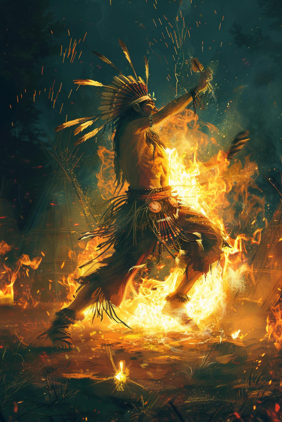 Cherokee shaman epically dancing around high flames fire with big tamboyellow water on the background of wigwams and whole tribe Indians dynamics rush dark starry night