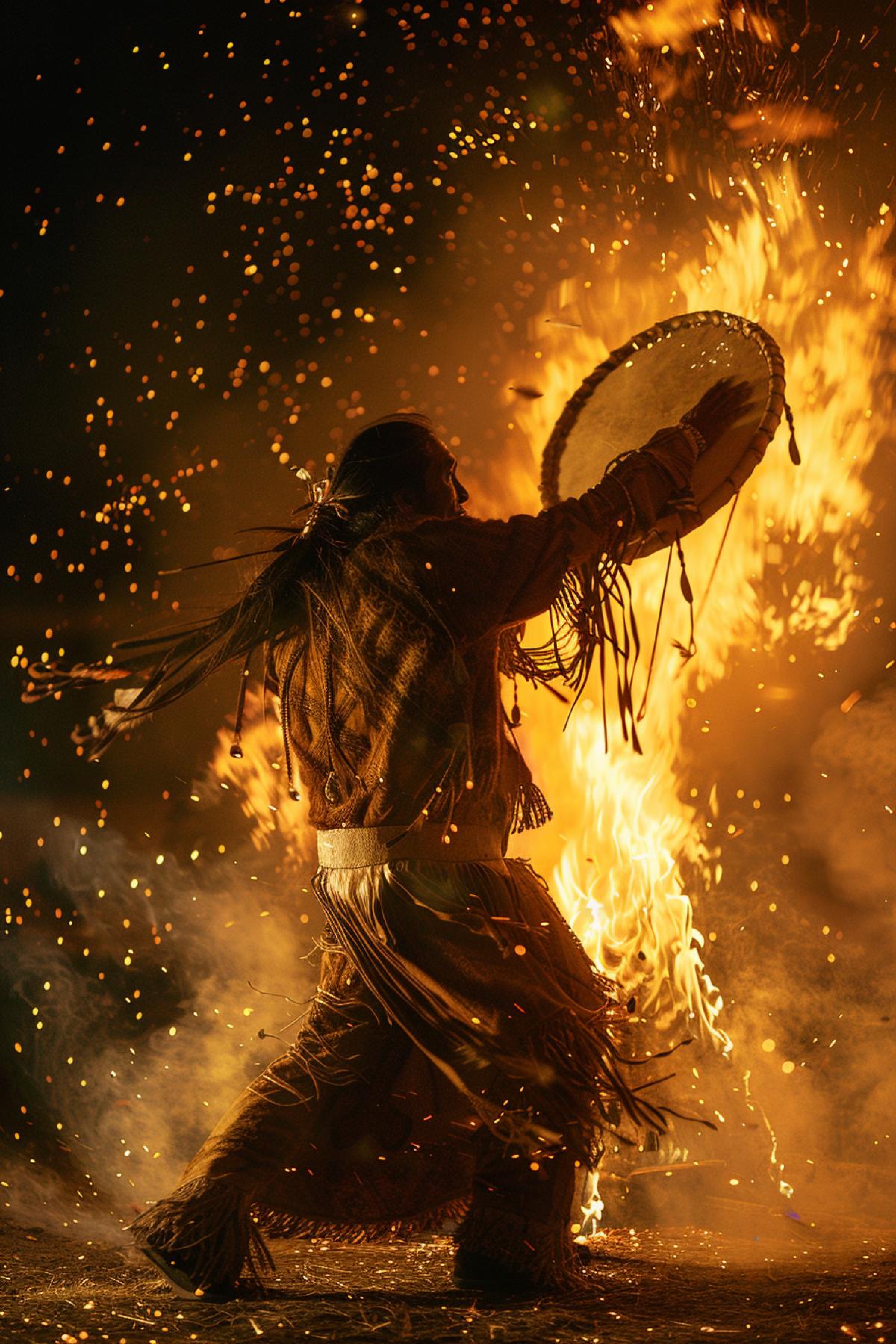 Cherokee shaman epically dancing around high flames fire with big tamboyellow water on the background of wigwams and whole tribe Indians dynamics rush dark starry night