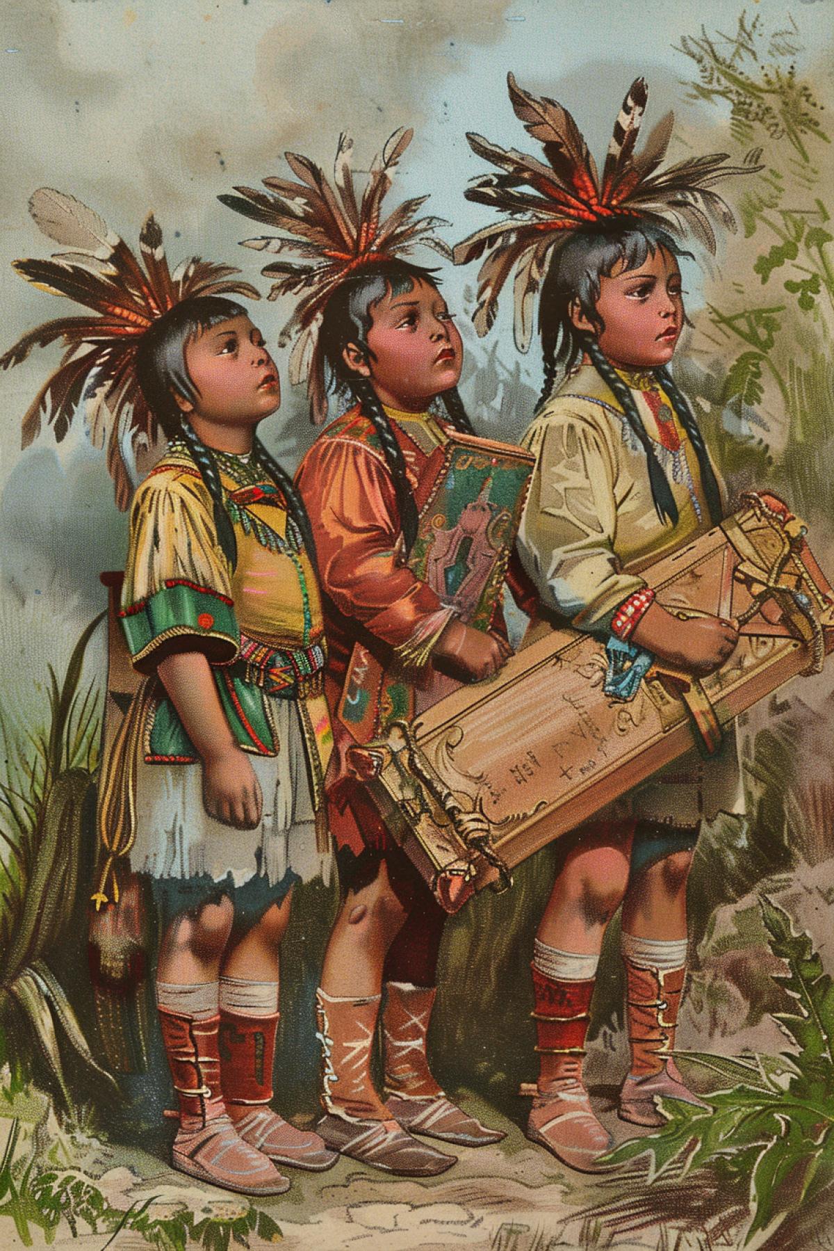 Teen little Apache Indian boys with coffins colourful illustration John Tenniel style