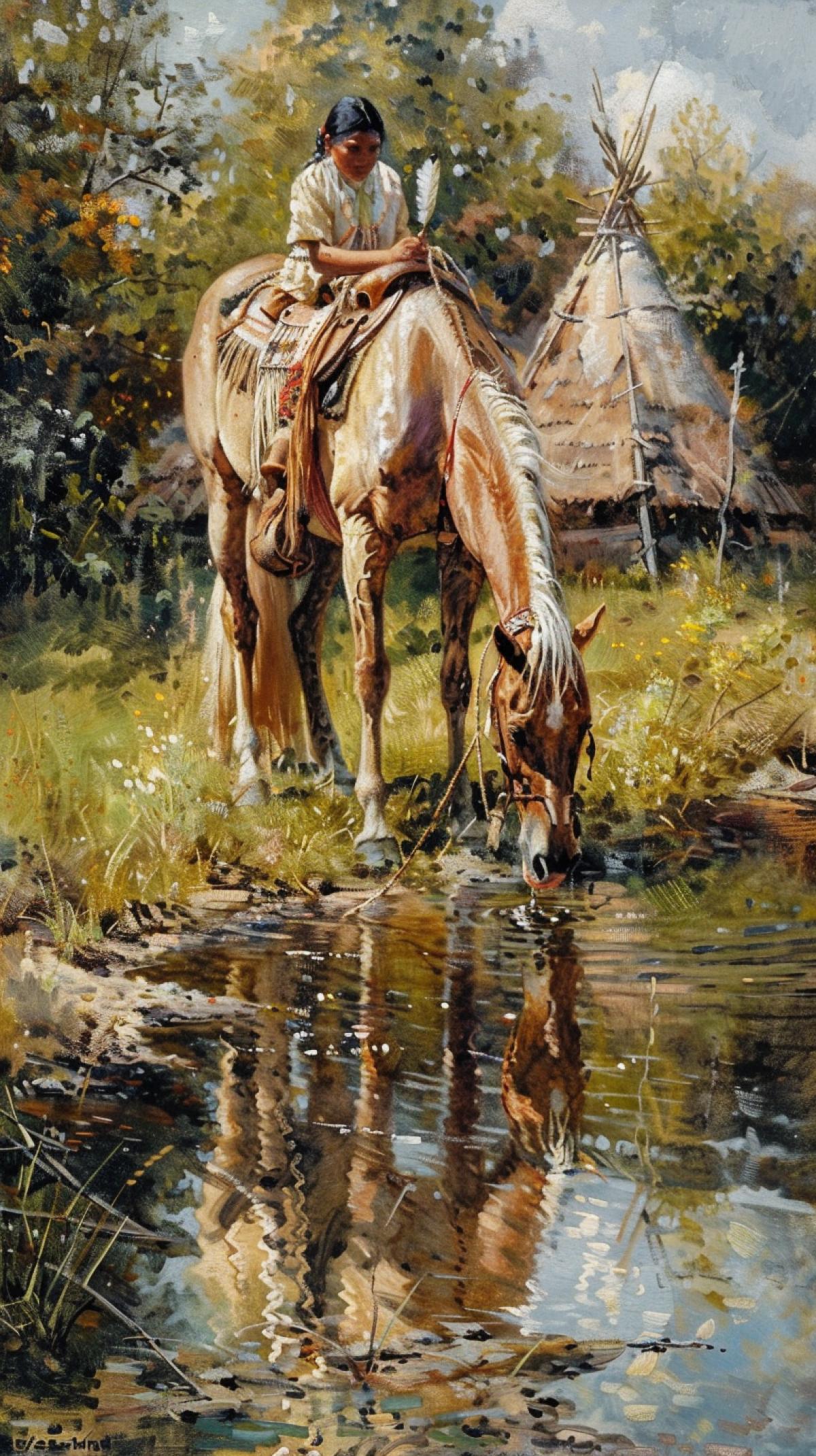 Native American watering horse near wigwam