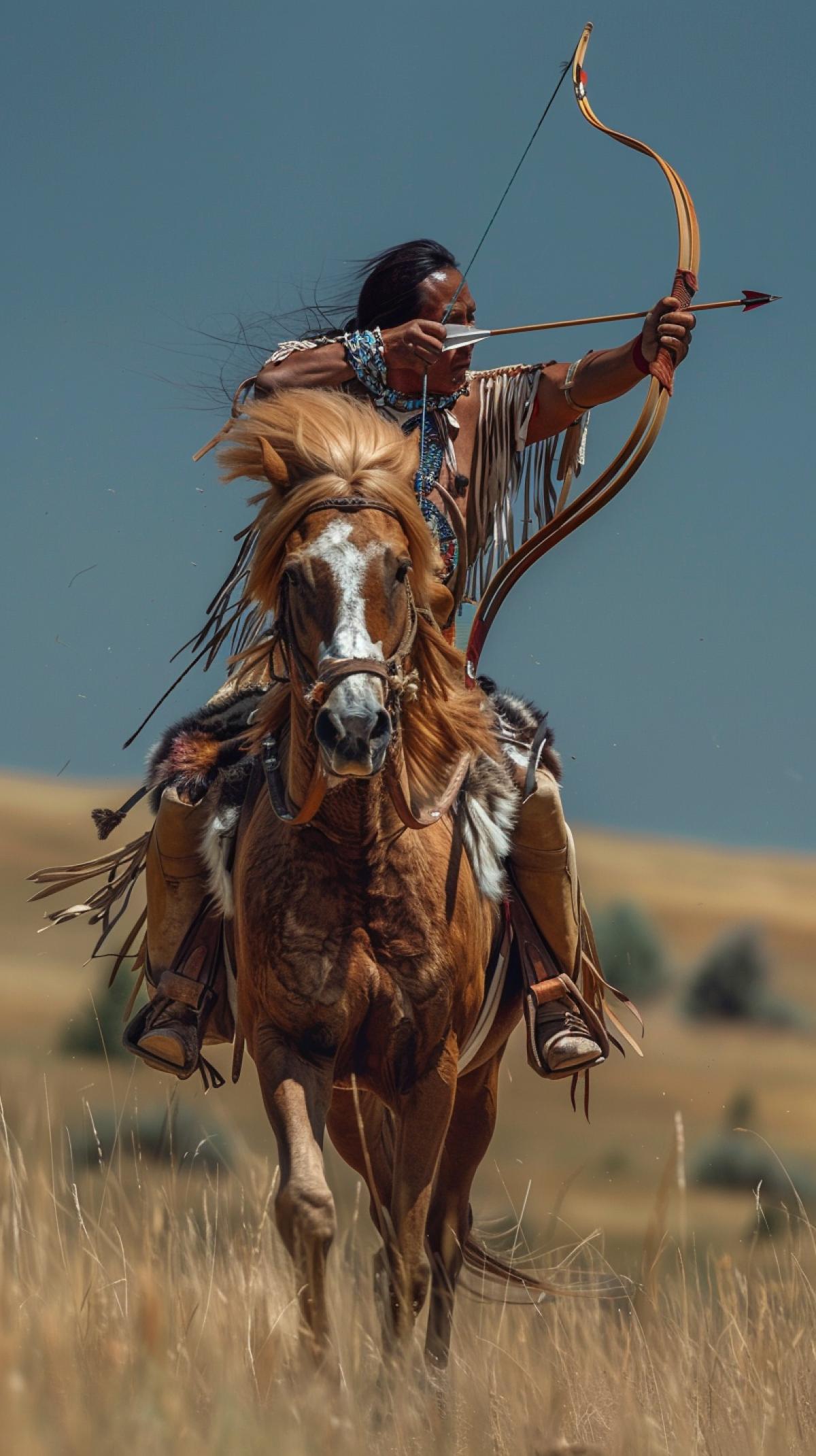 American Indian archery on horseback on the prairie