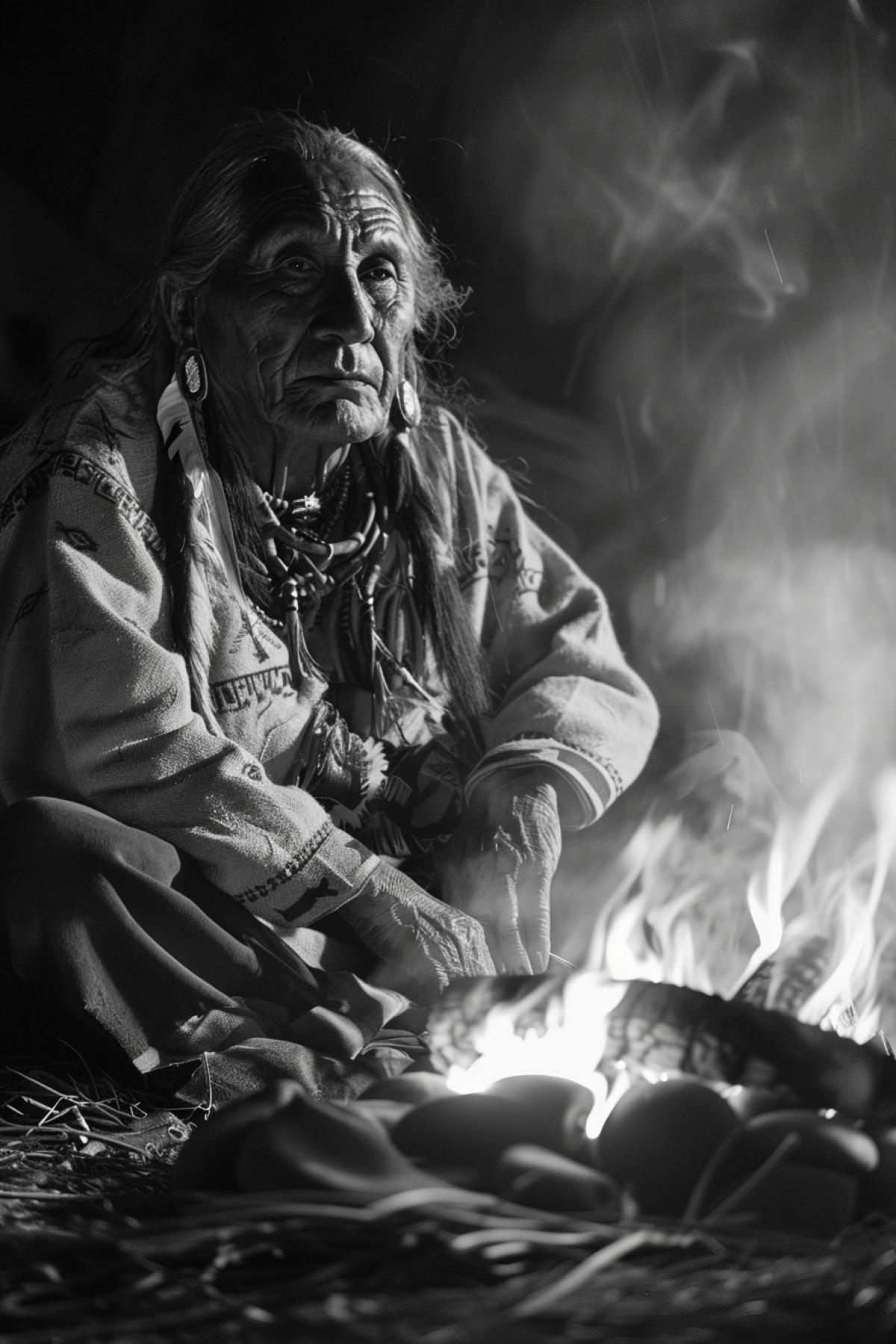 portrait of an elder of a North American Indian tribe sitting by a fire in his traditional clothes. The angle from below emphasizes his imperious expression on his face and the wisdom of his eyes. The light falls from the side, creating a chiaroscuro effect. The photo was taken on dark and white film to emphasize the antiquity and history of the tribe.